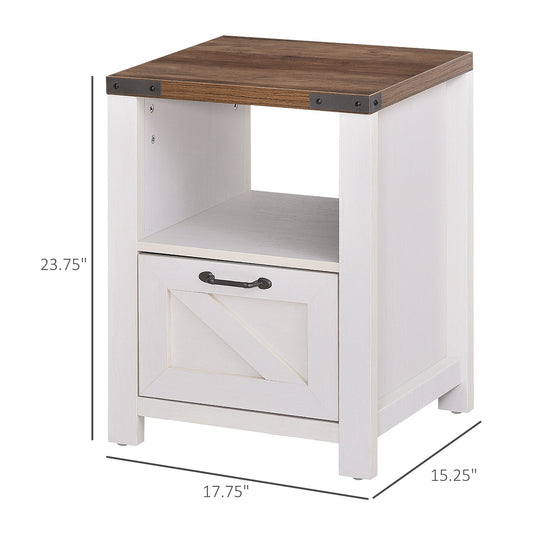 Side Table with Storage, Farmhouse End Table with Drawer, Open Shelf and Barn-style Panel, Accent Table for Living Room, Bedroom, White Side Tables White  at Gallery Canada