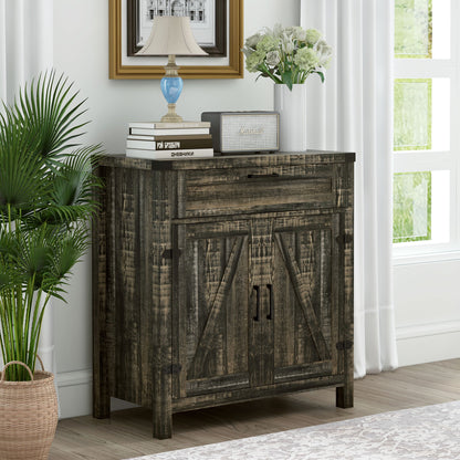 Farmhouse Kitchen Storage Cabinet, Sideboard Buffet Cabinet with 2 Rustic Barn Doors and Drawer, Dark Oak Bar Cabinets   at Gallery Canada