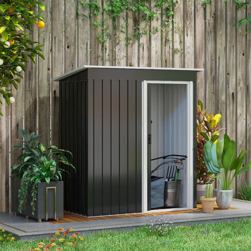 5 x 3 FT Outdoor Storage Shed with Sliding Door and Sloped Roof, Steel Frame Garden Shed Tool Equipment, Black