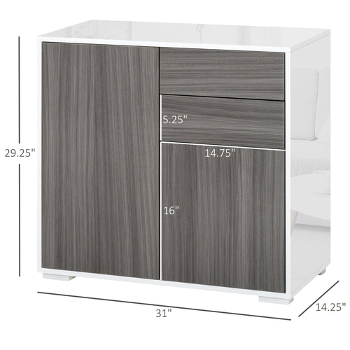High Gloss Buffet Sideboard with 2 Drawers, 2 Doors and Adjustable Shelf, Kitchen Storage Cabinet with Push Open Design, Grey and White