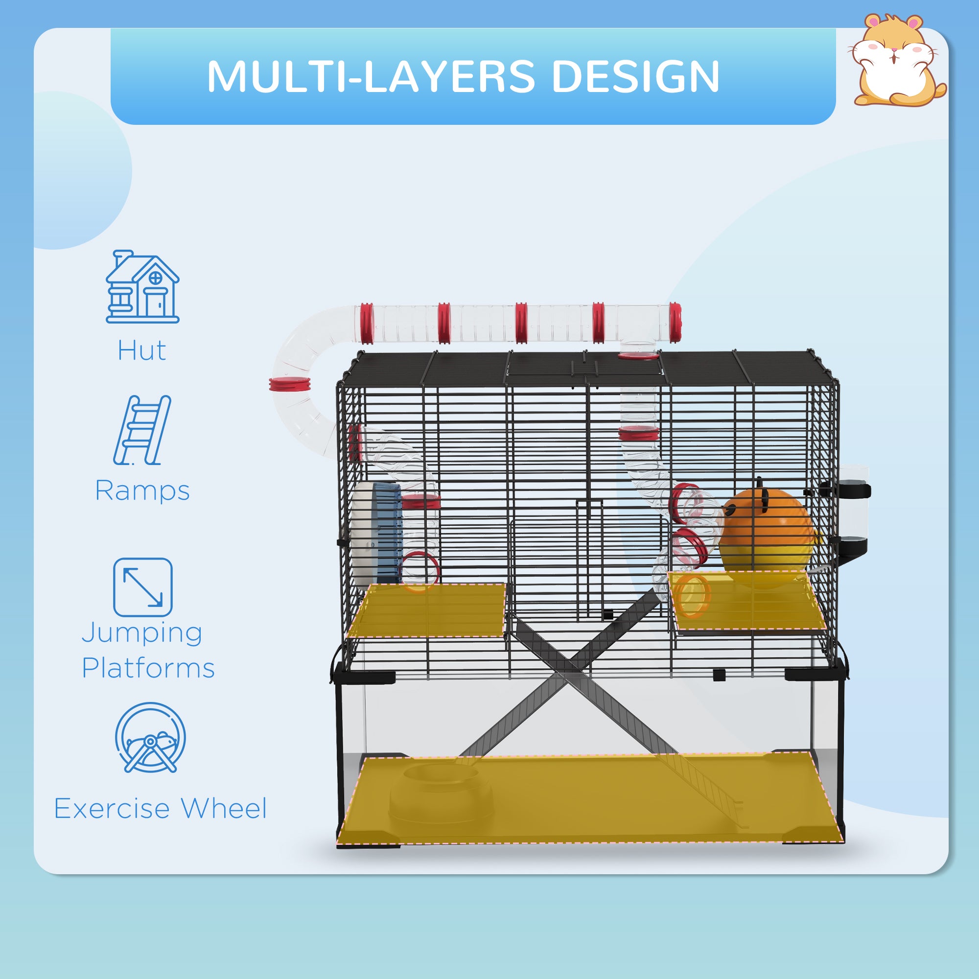 Hamster Cage with Deep Glass Bottom, Tunnel Tube System, Platforms, Hut, Exercise Wheel, Water Bottle, 24