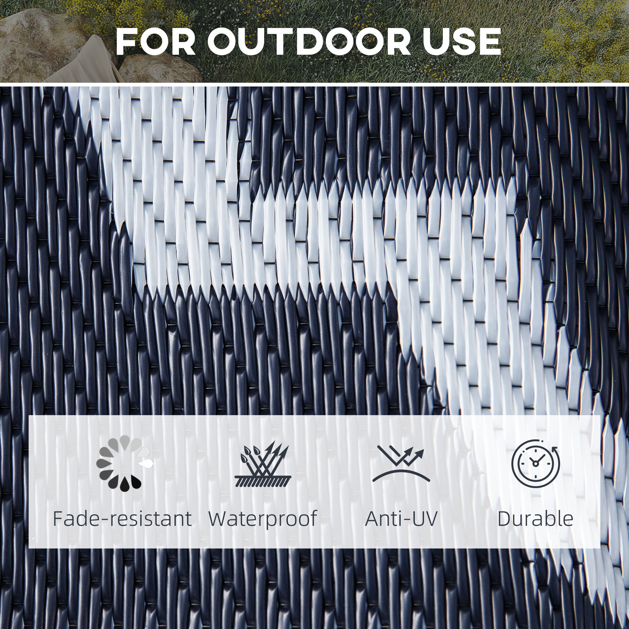 Reversible Outdoor RV Rug, 9' x 18' Patio Floor Mat, Plastic Straw Rug for Backyard, Deck, Picnic, Beach, Camping, Dark Blue and White Outdoor Reversible Rugs at Gallery Canada
