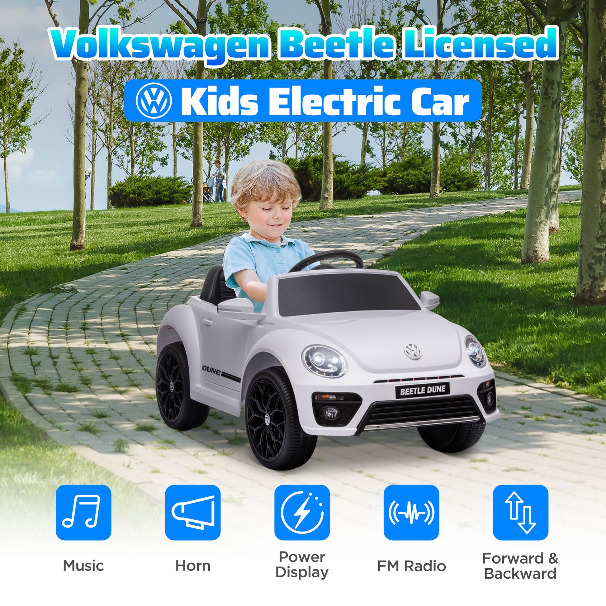 12V Volkswagen Beetle Licensed Electric Car for Kids w/ Remote Control, 4 Spring Suspension Wheels, Soft Start, White Electric Toy Cars   at Gallery Canada