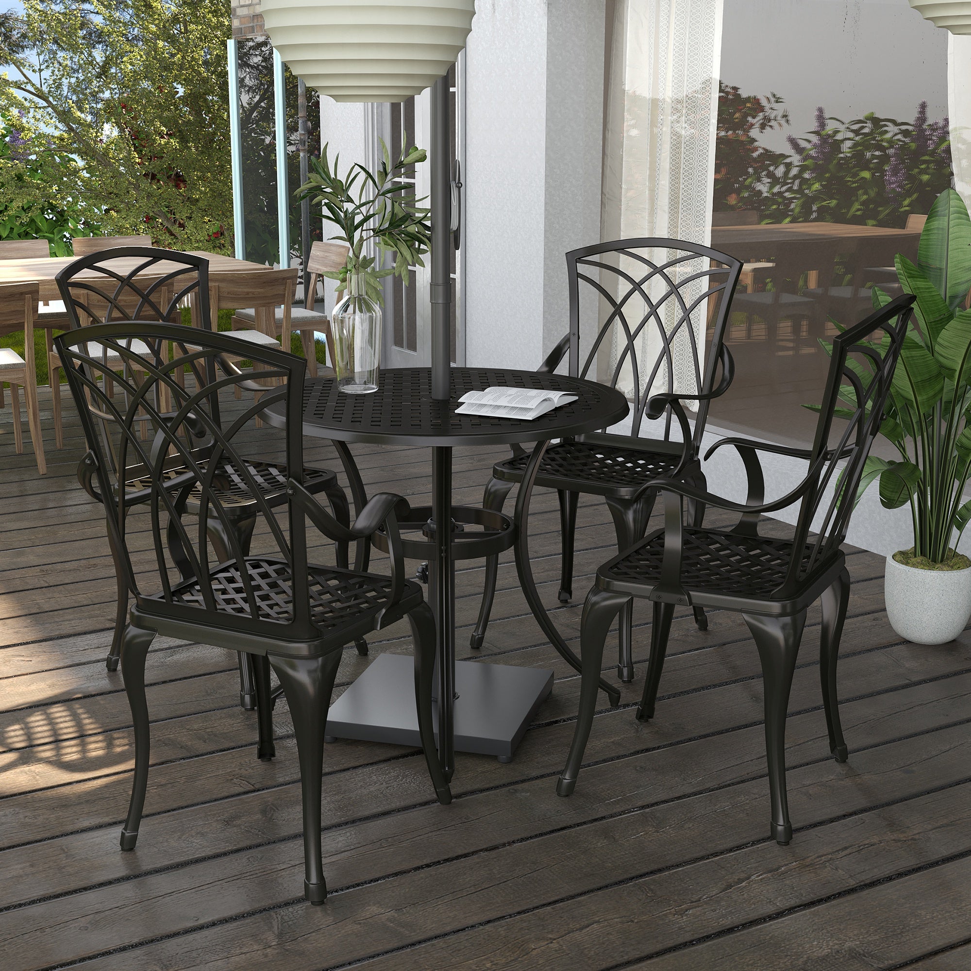 5 Pieces Outdoor Dining Set, Cast Aluminium Patio Table and Chairs with Parasol Hole, Patio Dining Set for 4, Brown Outdoor Dining Sets at Gallery Canada