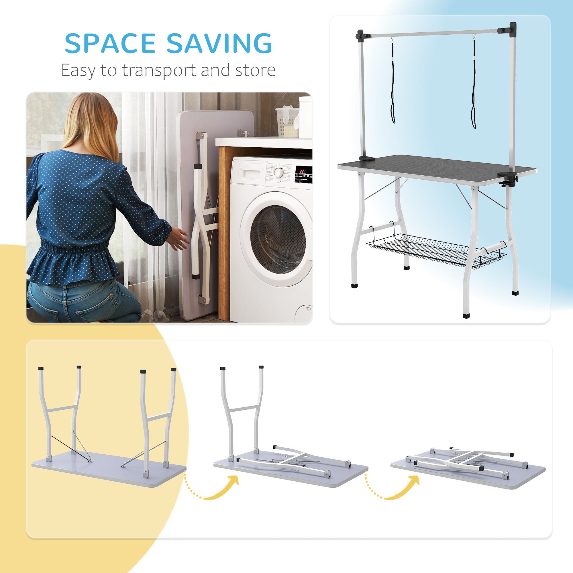 Foldable Dog Grooming Table with Adjustable Grooming Arms, Storage Shelf, Two Nooses, 42