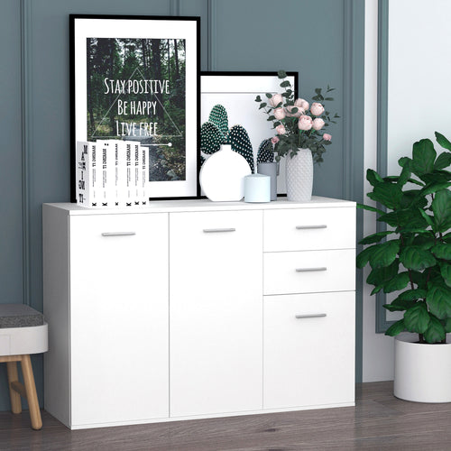High Gloss Sideboard with 2 Drawers and 3 Doors, Buffet Cabinet with Adjustable Shelf, Coffee Bar Cabinet with Storage, White