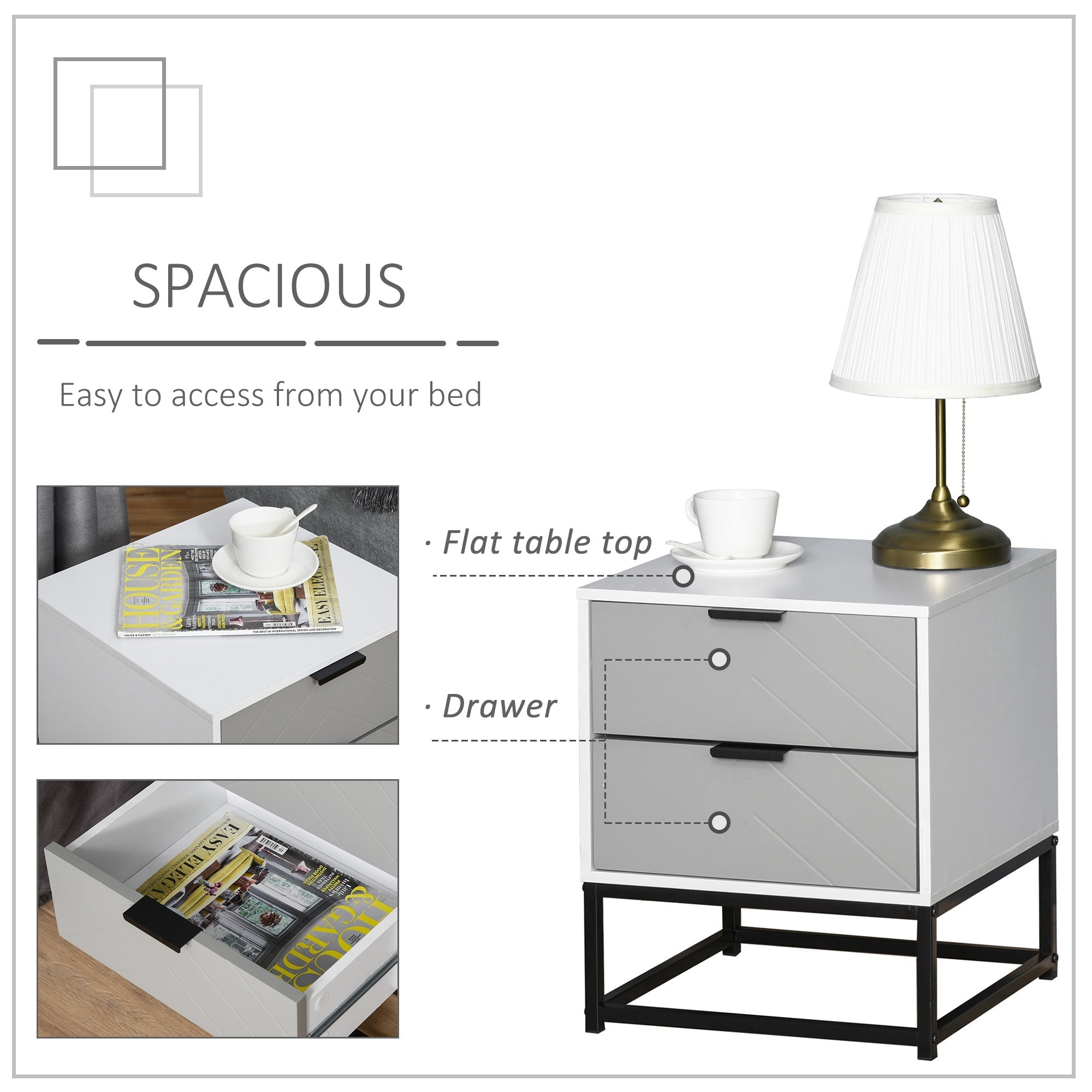 Bedside Table with 2 Drawer Storage Unit, Unique Shape Nightstand with Metal Base for Bedroom Bedside Tables   at Gallery Canada