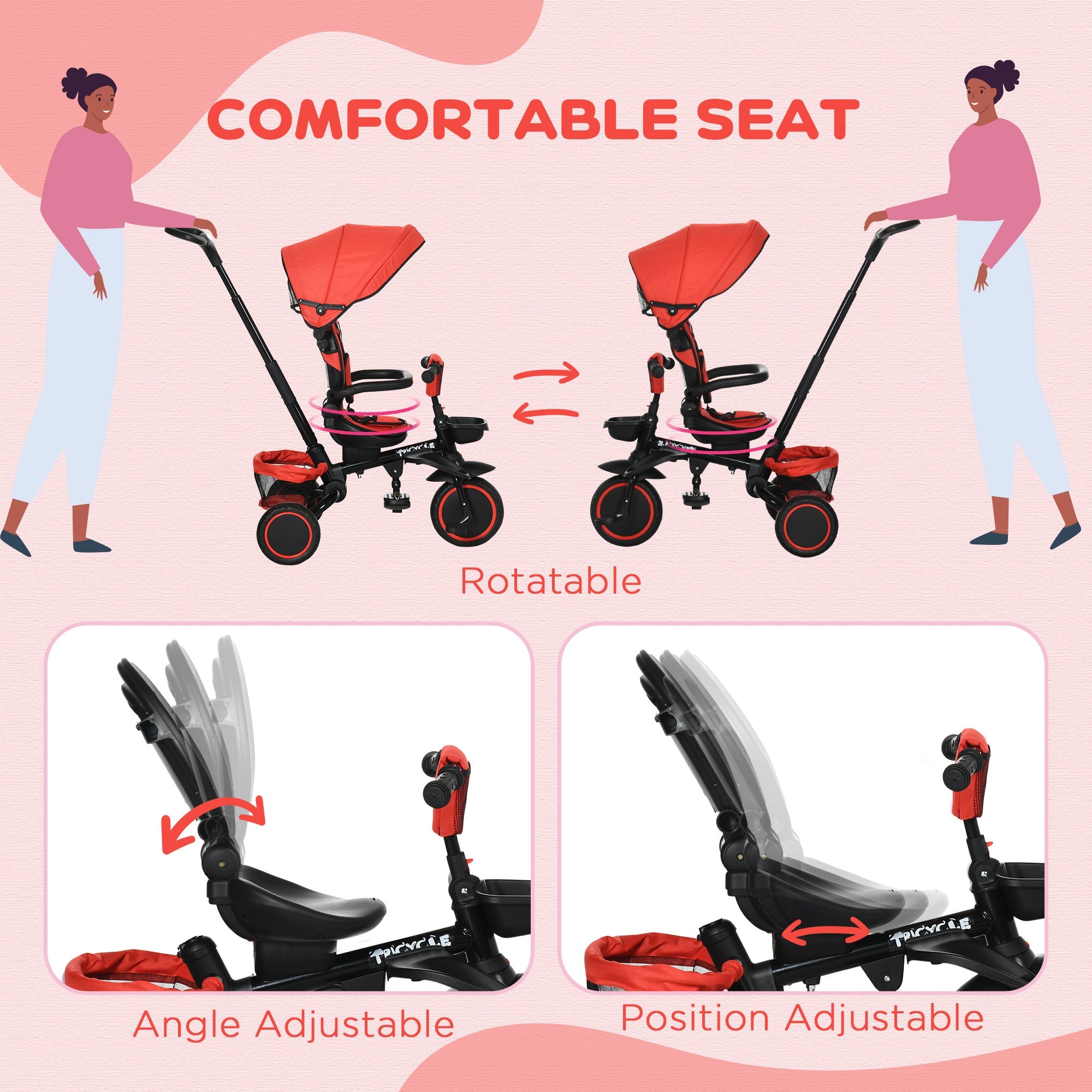 6-in-1 Toddler Tricycle for 12-50 Months, Foldable Kids Trike with Adjustable Seat and Push Handle, Safety Harness, Removable Canopy, Footrest, Red Tricycles for Kids   at Gallery Canada