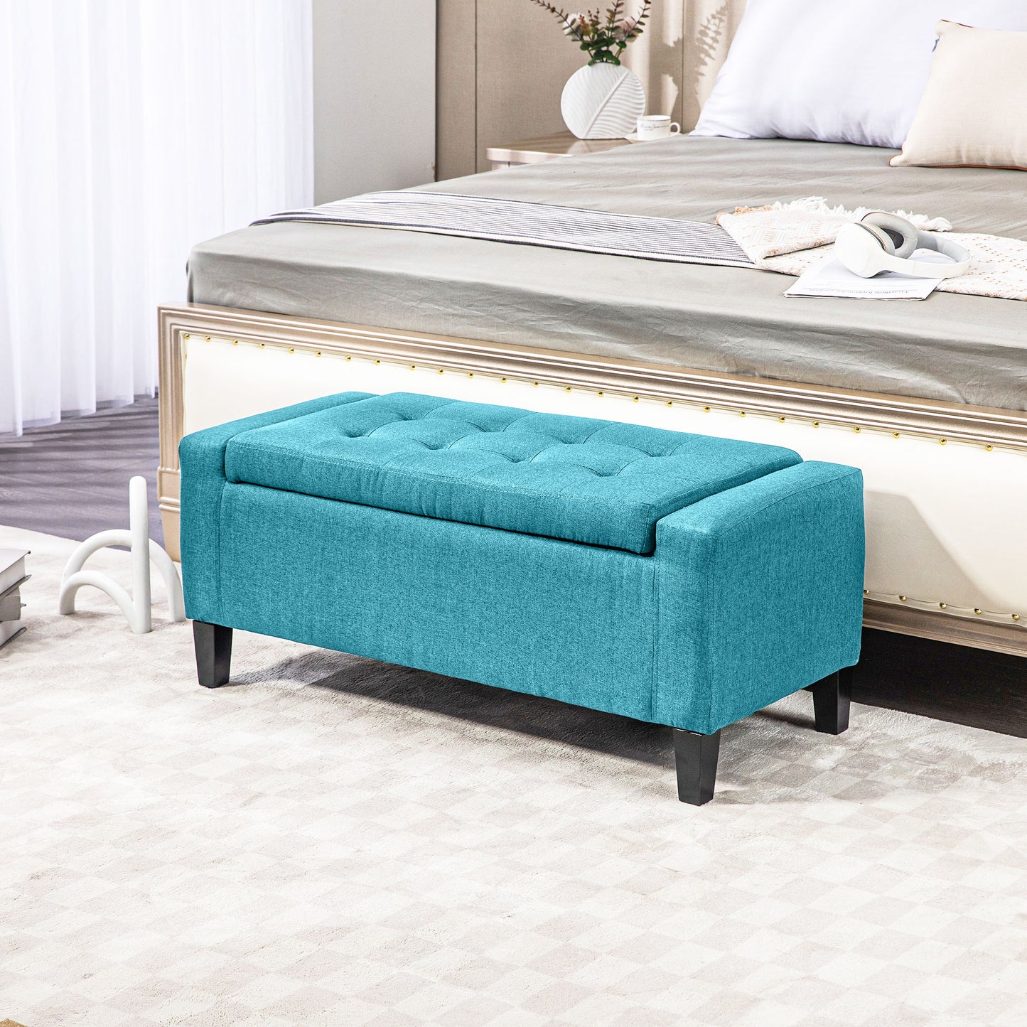 Storage Ottoman Bench, Linen Upholstered Bench with Tufted Design, Green Storage Ottomans & Benches Green  at Gallery Canada