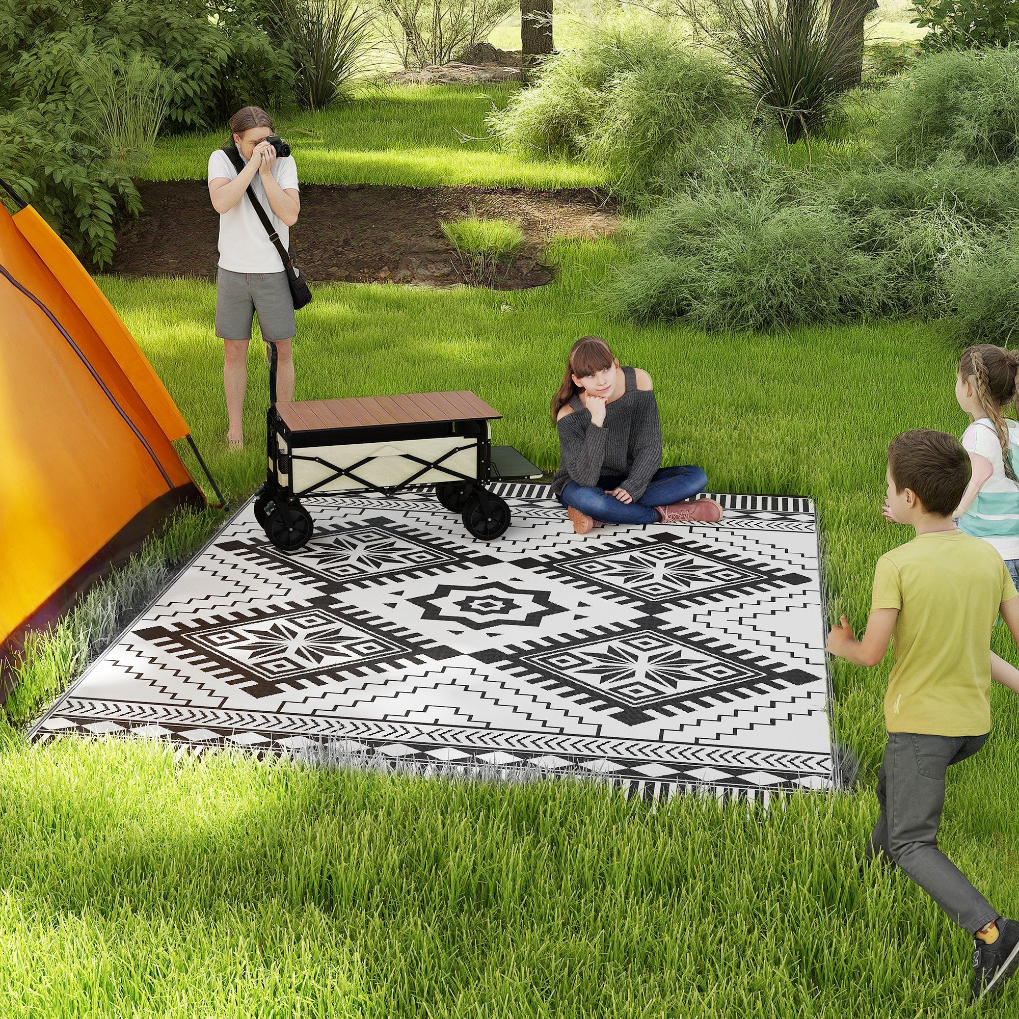 9' x 12' Outdoor RV Rug, Reversible Patio Floor Mat with Carry Bag, Toothed Rhombus, White and Black Garden Decor at Gallery Canada