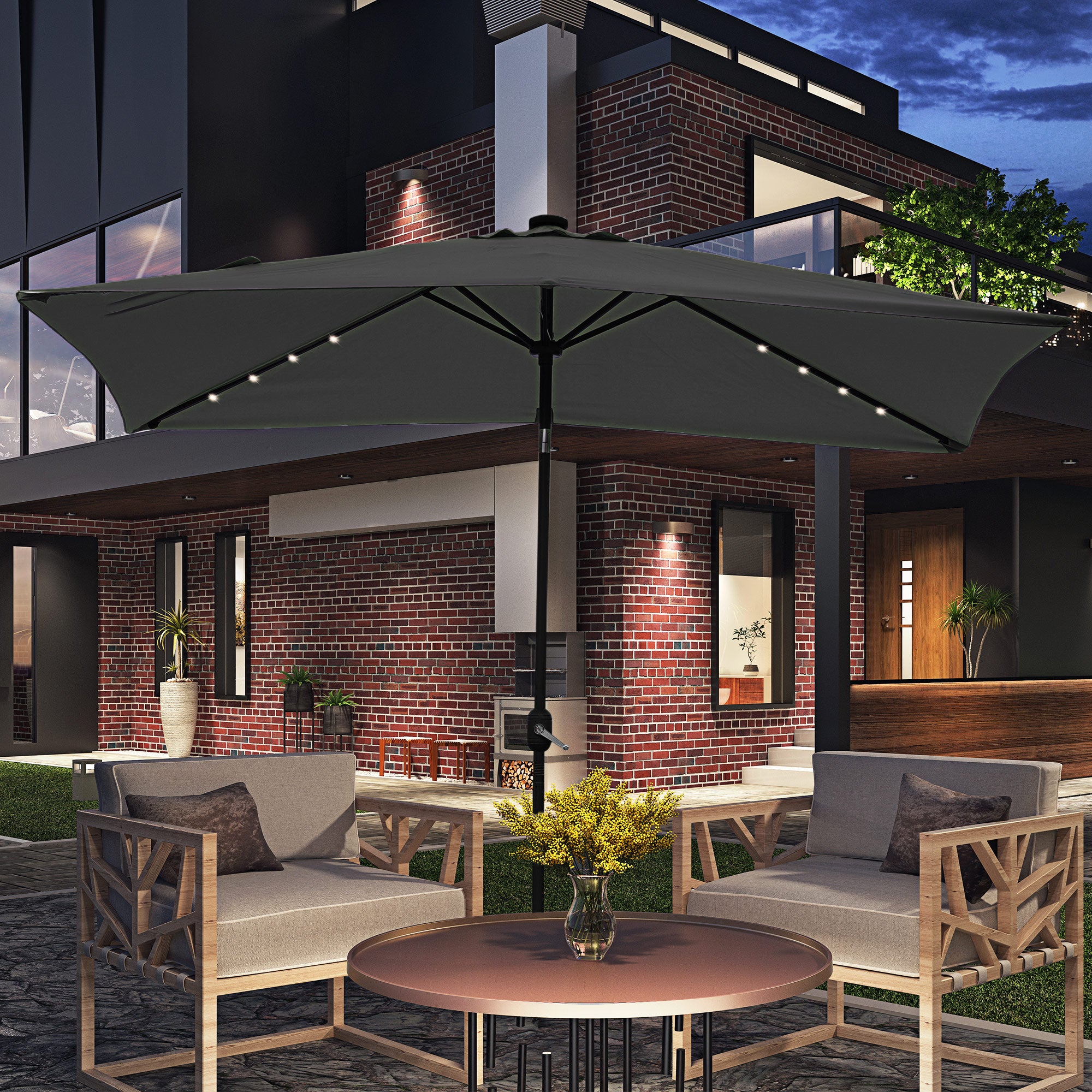 6' x 10' Patio Umbrella with 22 LED Solar Lights and Tilt, Rectangular Outdoor Table Umbrella with Crank, Dark Grey Sun Umbrellas at Gallery Canada
