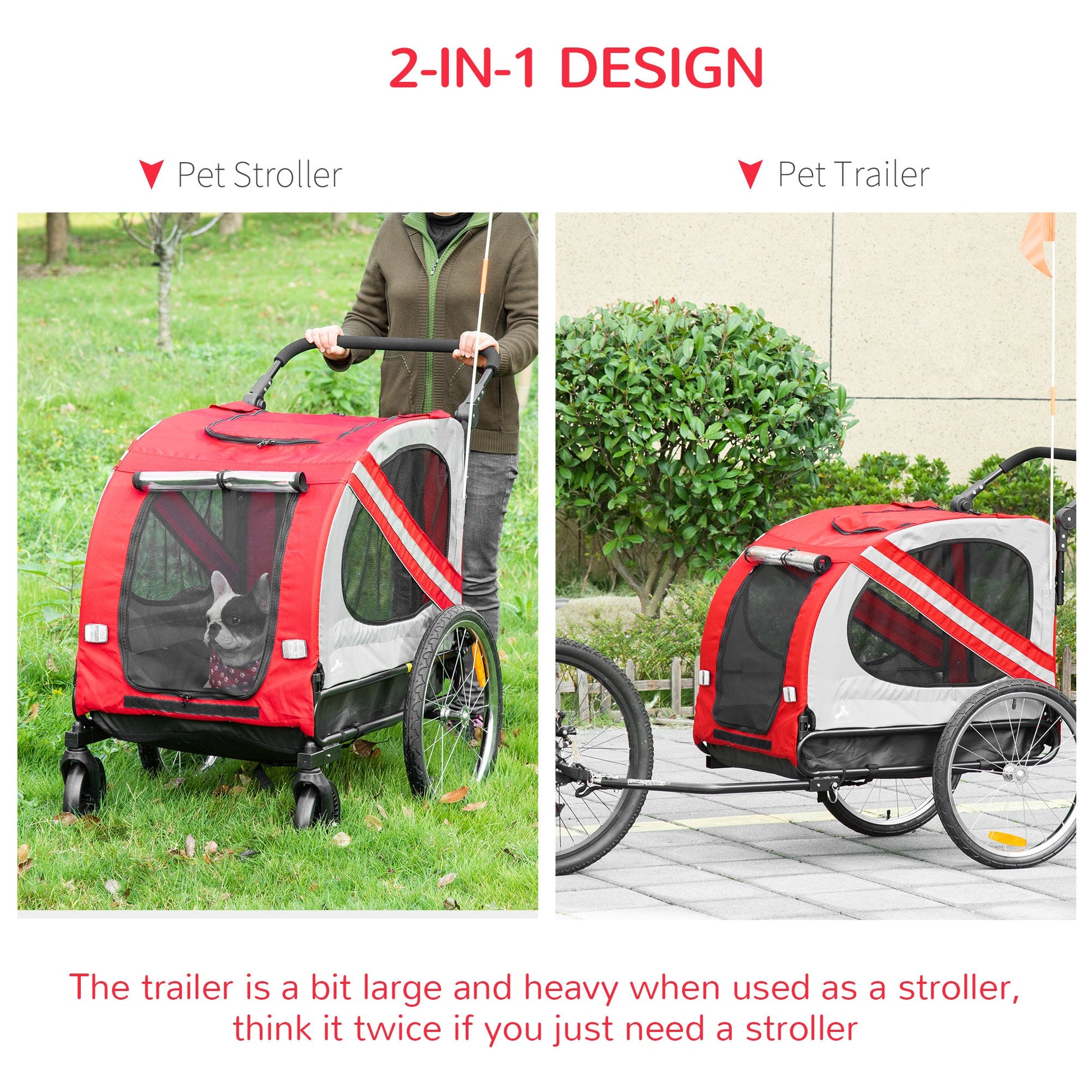 Dog Bike Trailer, 2-in-1 Dog Wagon Pet Stroller for Travel with Universal Wheel Reflectors Flag, for Small and Medium Dogs, Red Dog Bike Trailers & Strollers   at Gallery Canada