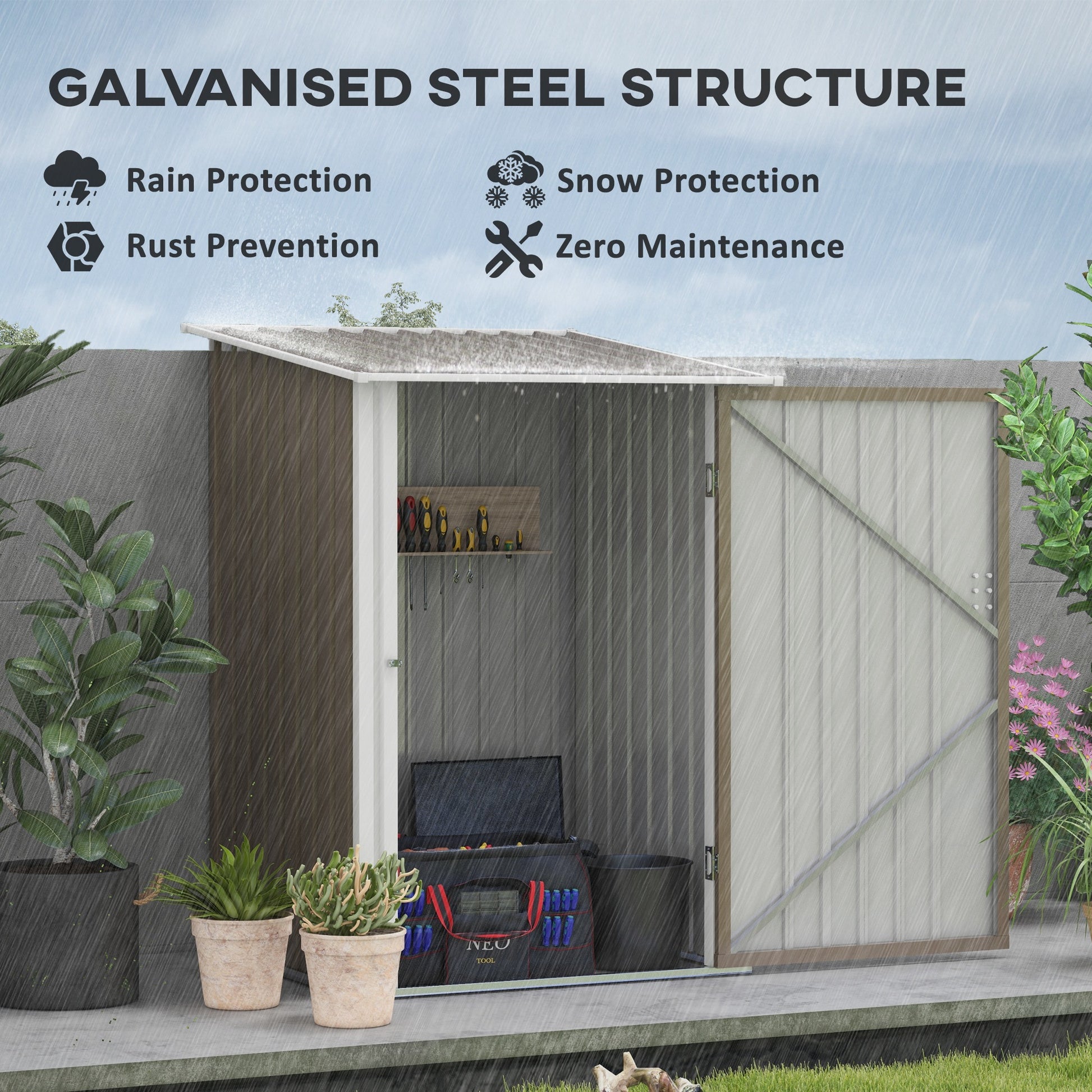 3.3' x 3.4' Lean-to Outdoor Garden Storage Shed, Galvanized Steel with Lockable Door for Patio Brown and White Sheds   at Gallery Canada