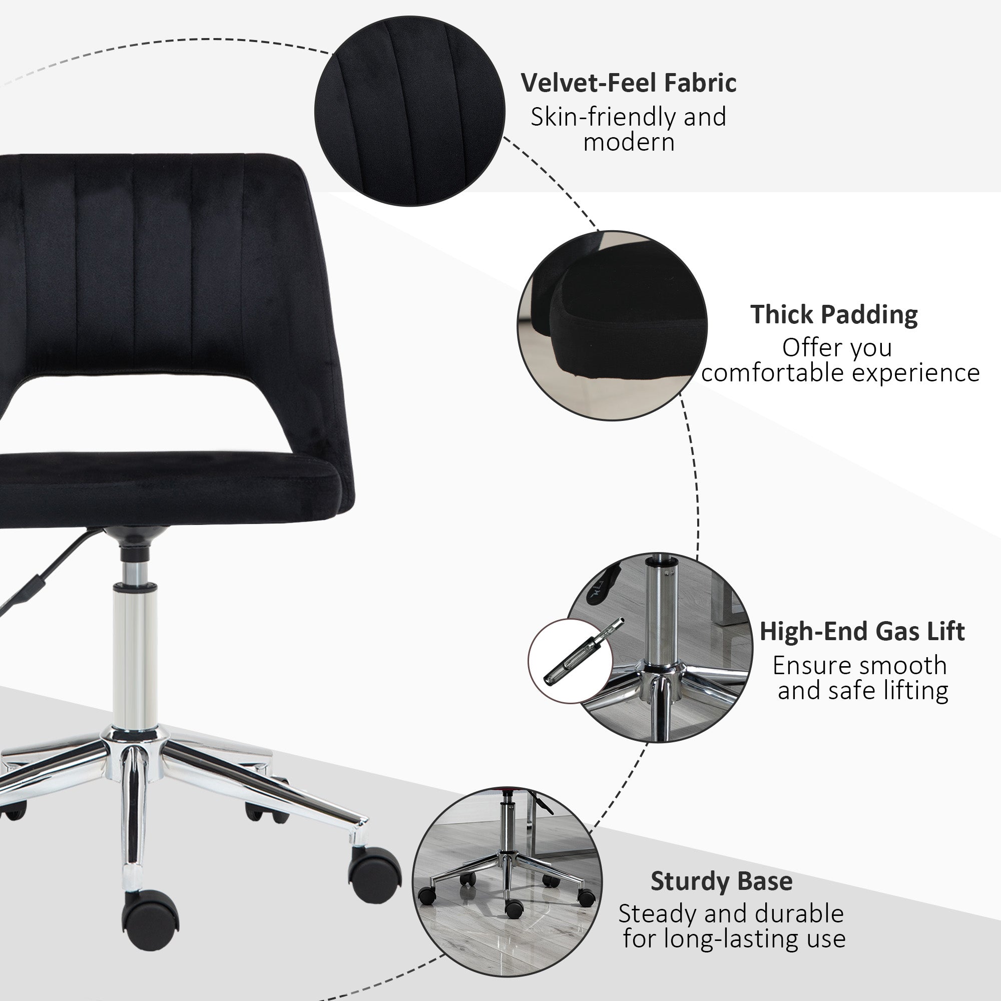 Mid Back Office Chair Velvet Fabric Swivel Scallop Shape Computer Desk Chair, Black Office Chairs at Gallery Canada