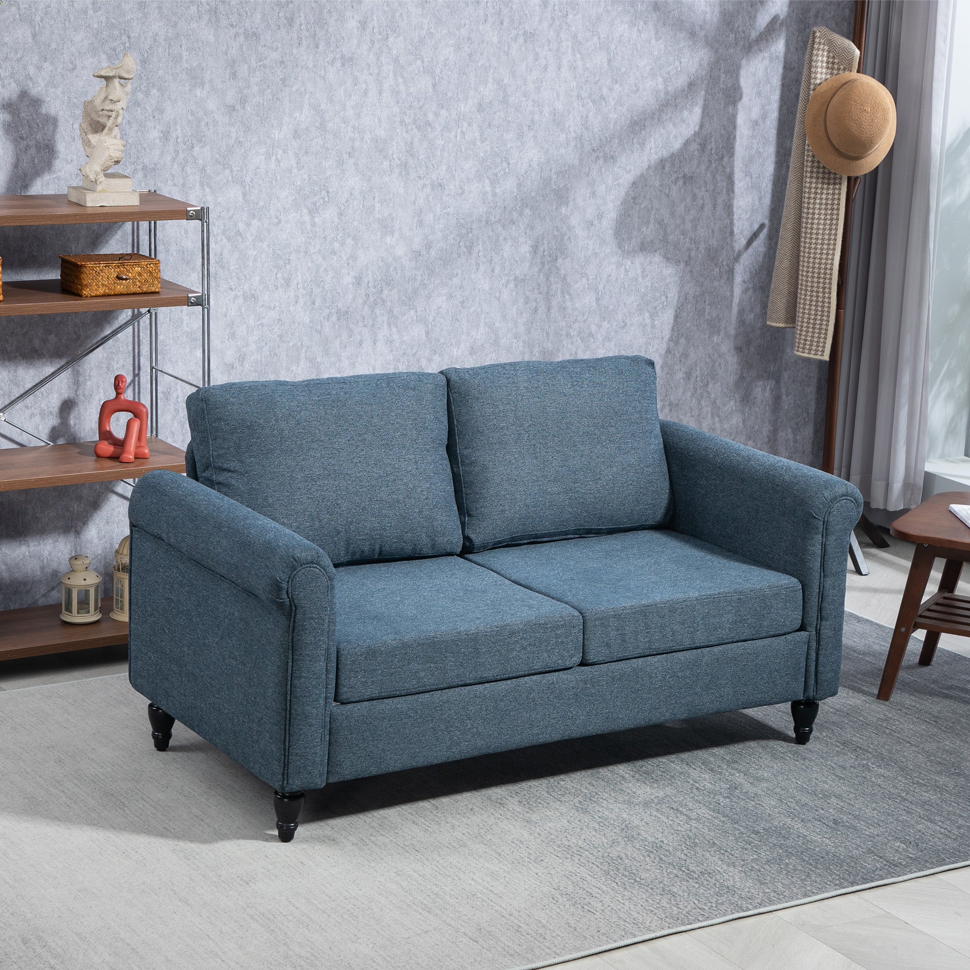 Vintage Loveseat, Upholstered Love Seat Furniture, Fabric 2 Seater Sofa with Rolled Arms, Rubber Wood Legs, Dark Blue 2-Seater Sofas at Gallery Canada