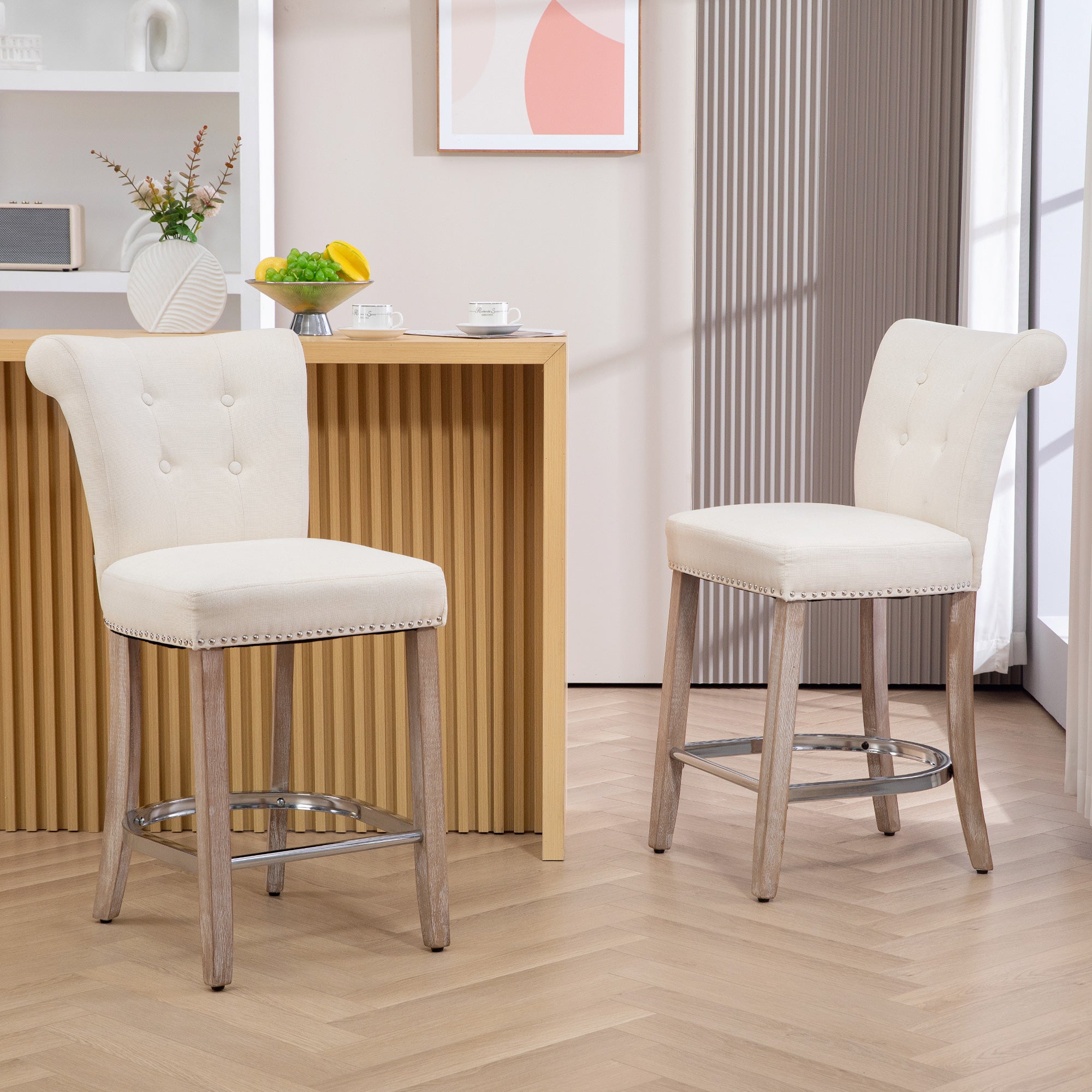 Bar Stools Set of 2, Upholstered Counter Height Stools with Button Tufted Back, Wood Legs and Footrest, Cream White Bar Stools Cream  at Gallery Canada