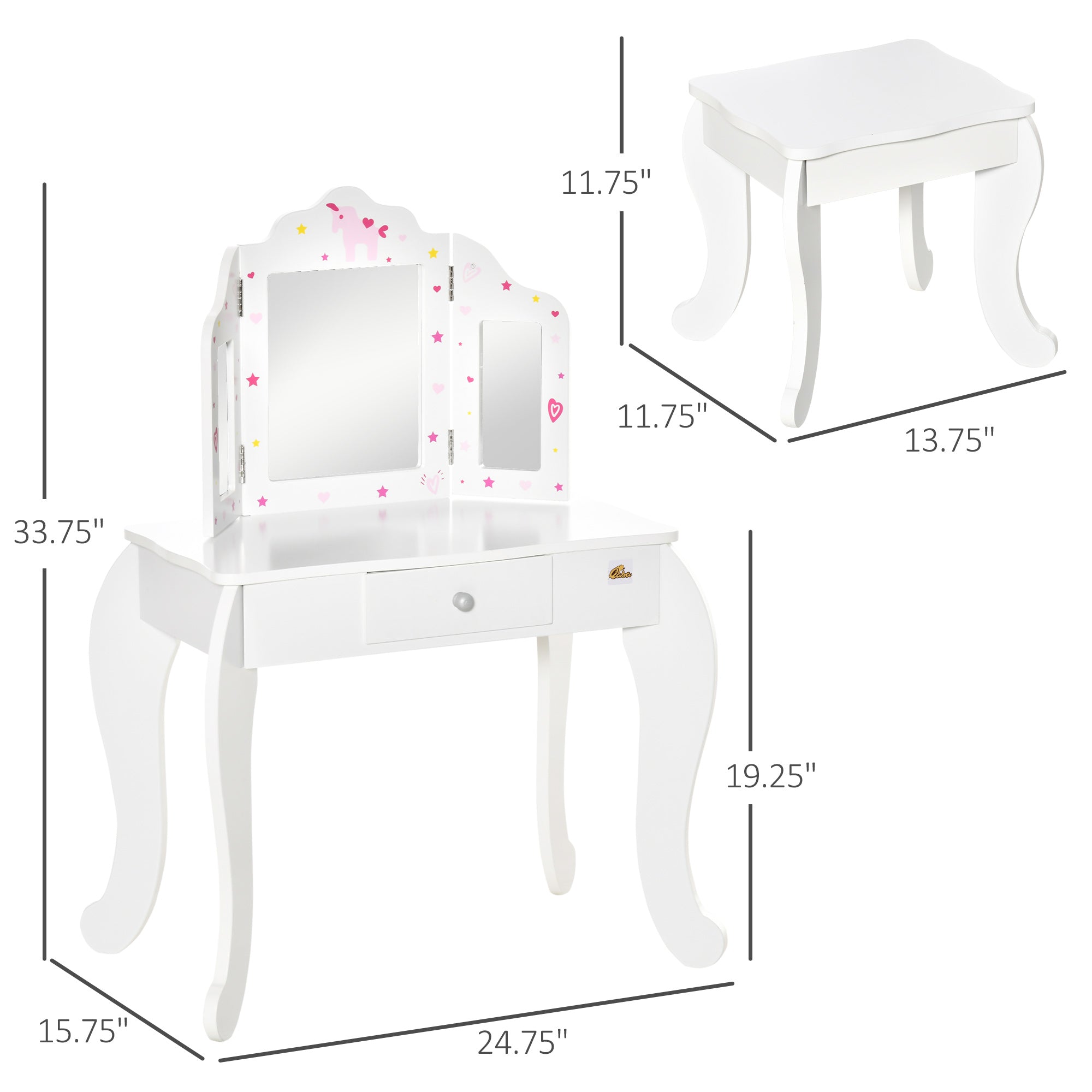 Kids Vanity Table and Stool, Makeup Vanity Girls Dressing Table Set with Tri-folding Mirrors Drawer Star and Heart Pattern, White Kids Bedroom Furniture at Gallery Canada