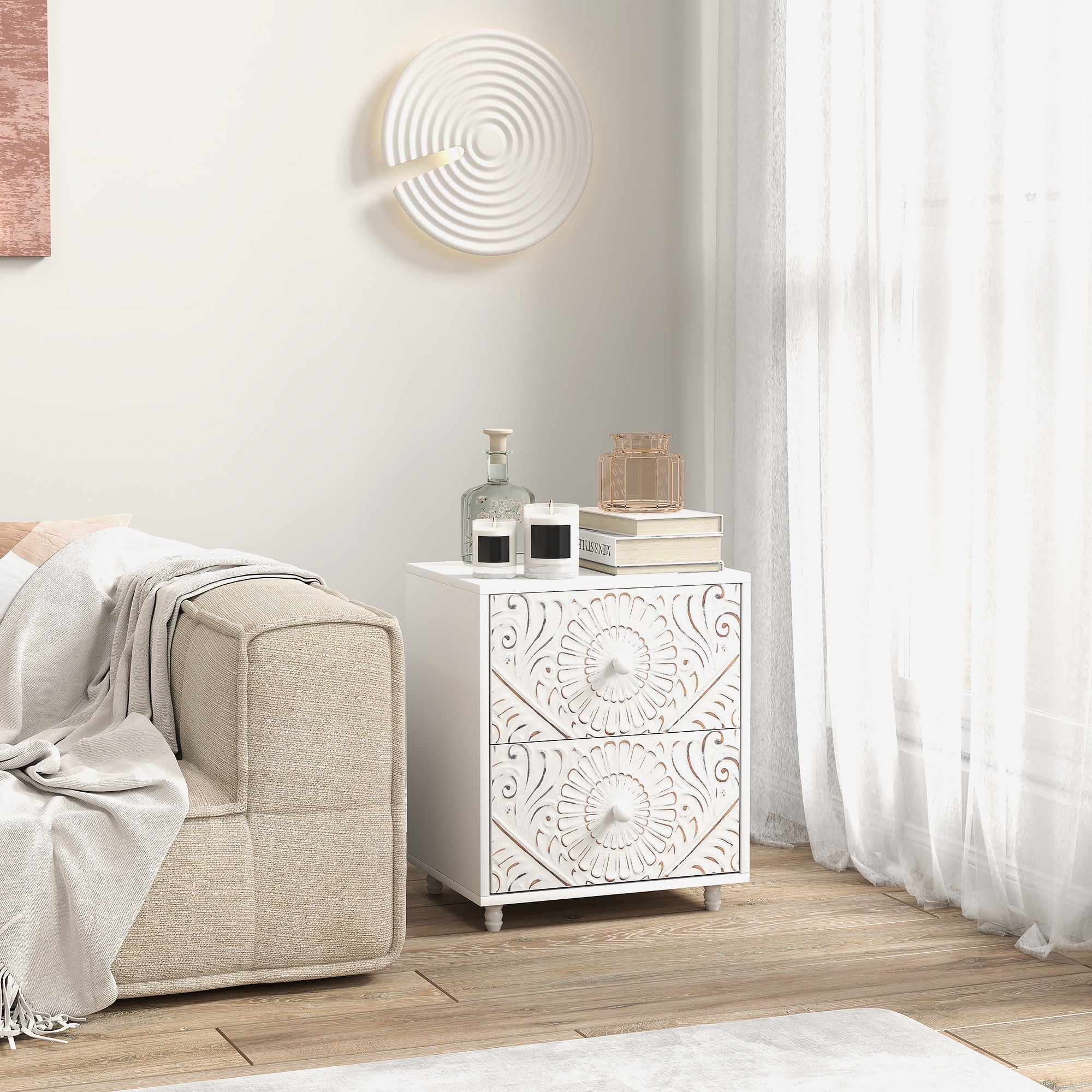 Mid-Century Bedside Table, Nightstand with 2 Drawers, Side End Table for Bedroom, White Bedside Tables at Gallery Canada