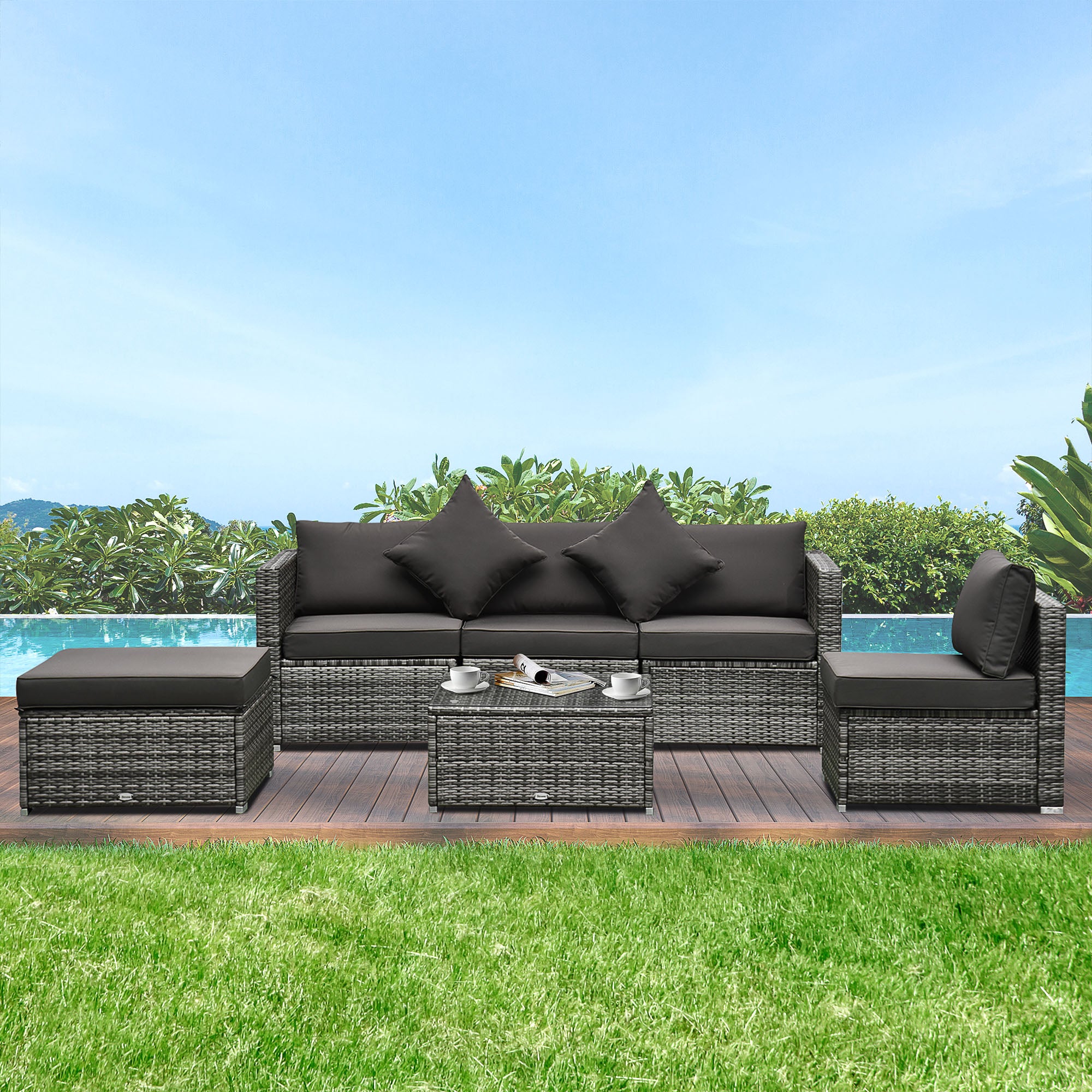 6 Pieces Outdoor PE Rattan Wicker Patio Furniture Sofa Set with Thick Cushions, Deluxe Garden Sectional Couch with Glass Top Table, Mixed Grey and Charcoal Patio Furniture Sets at Gallery Canada