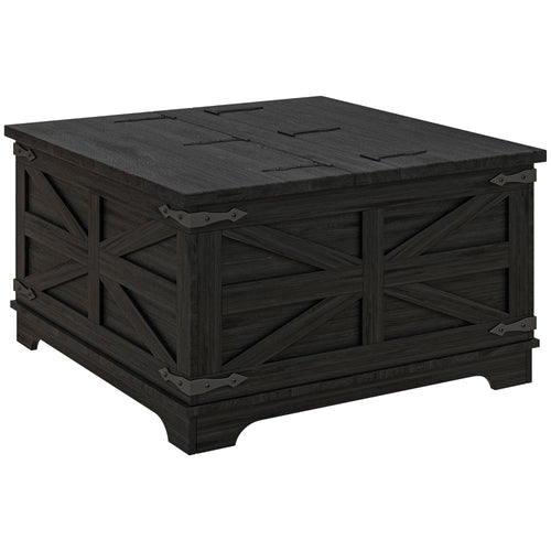 Farmhouse Coffee Table, Square Center Table with Flip-top Lids, Hidden Storage Compartment, Black