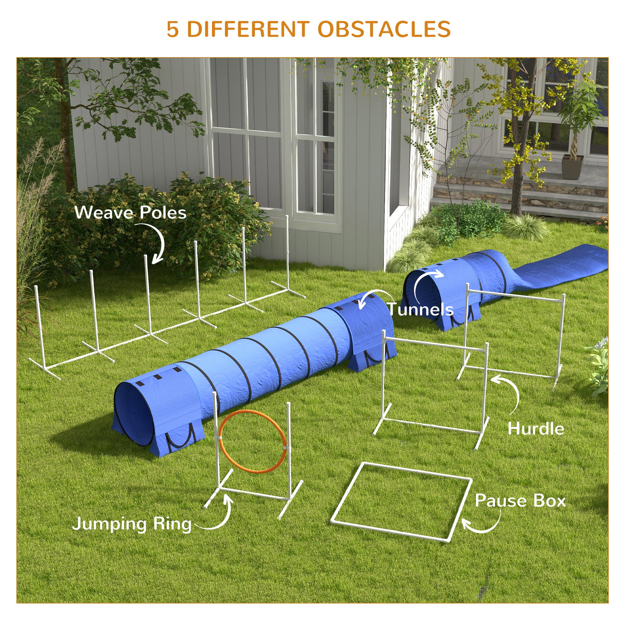 7 Pcs Dog Agility Kit w/ Tunnels, Weave Poles, Adjustable Hurdles, Jump Ring, Pause Box, Whistle, Carry Bag, Blue Dog Agility Training Equipment at Gallery Canada