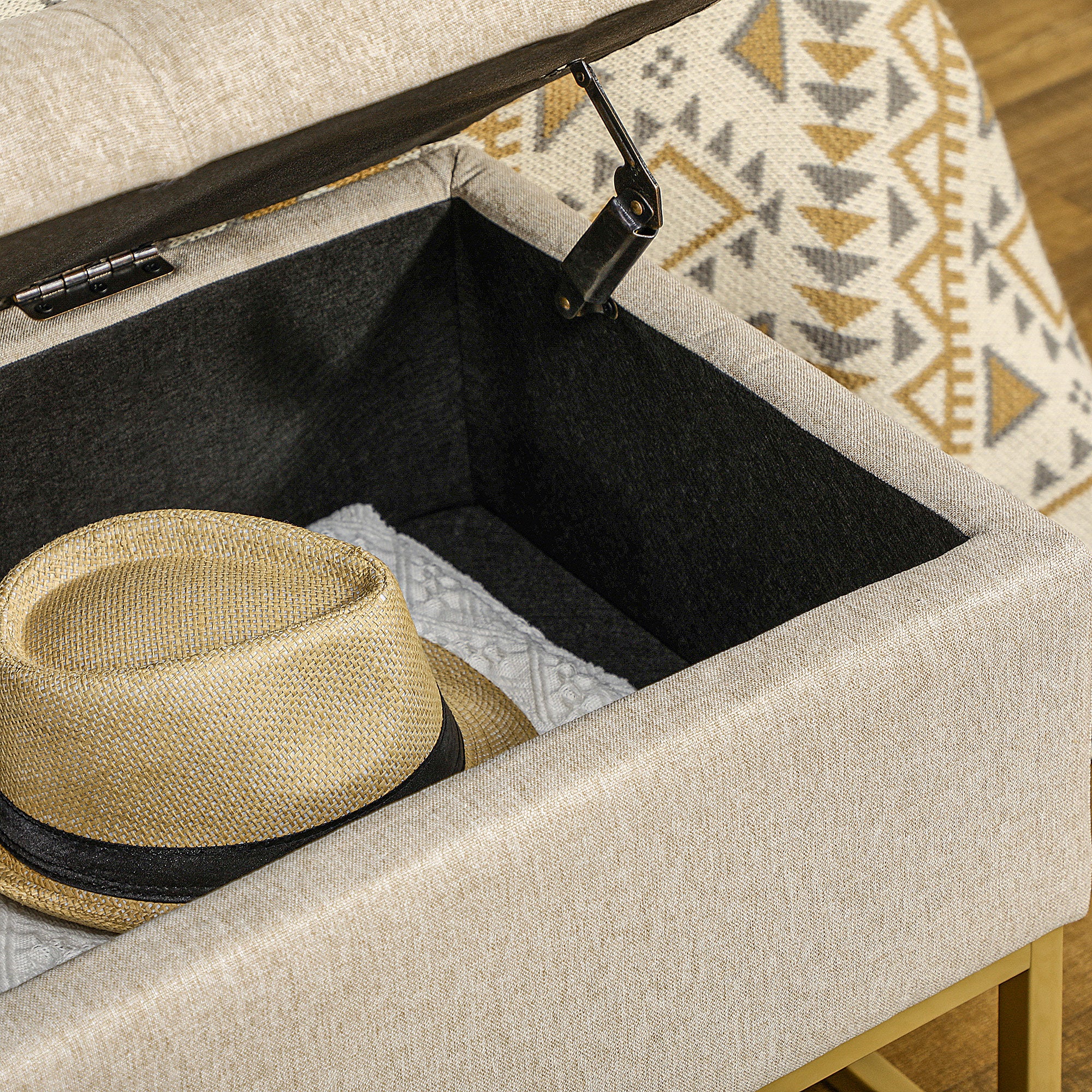 Storage Ottoman with Flip Top, Upholstered Storage Bench, Linen Fabric Footstool with Steel Legs for Living Room, Bedroom, Beige Storage Ottomans & Benches at Gallery Canada