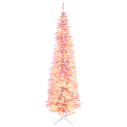 7' Pre Lit Artificial Pencil Christmas Trees, Xmas Tree with Realistic Branches and Warm White LED Lights, Pink Pencil Christmas Trees   at Gallery Canada