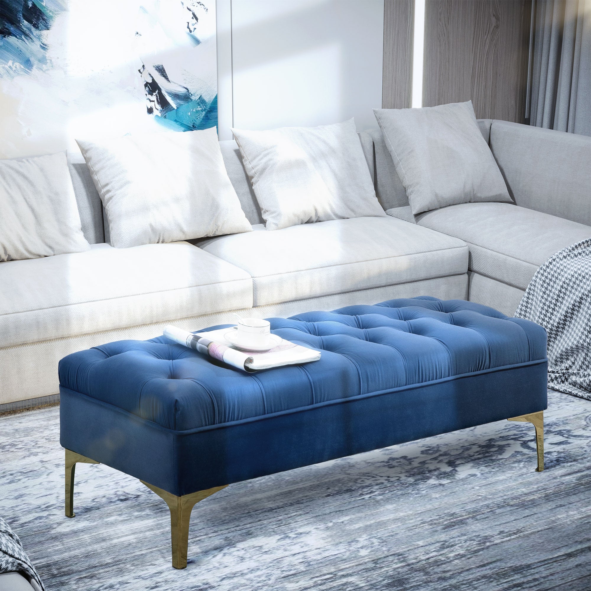 End of Bed Bench, Upholstered Bench, Entryway Shoe Bench with Button Tufted for Living Room, Bedroom, Blue Storage Ottomans & Benches at Gallery Canada