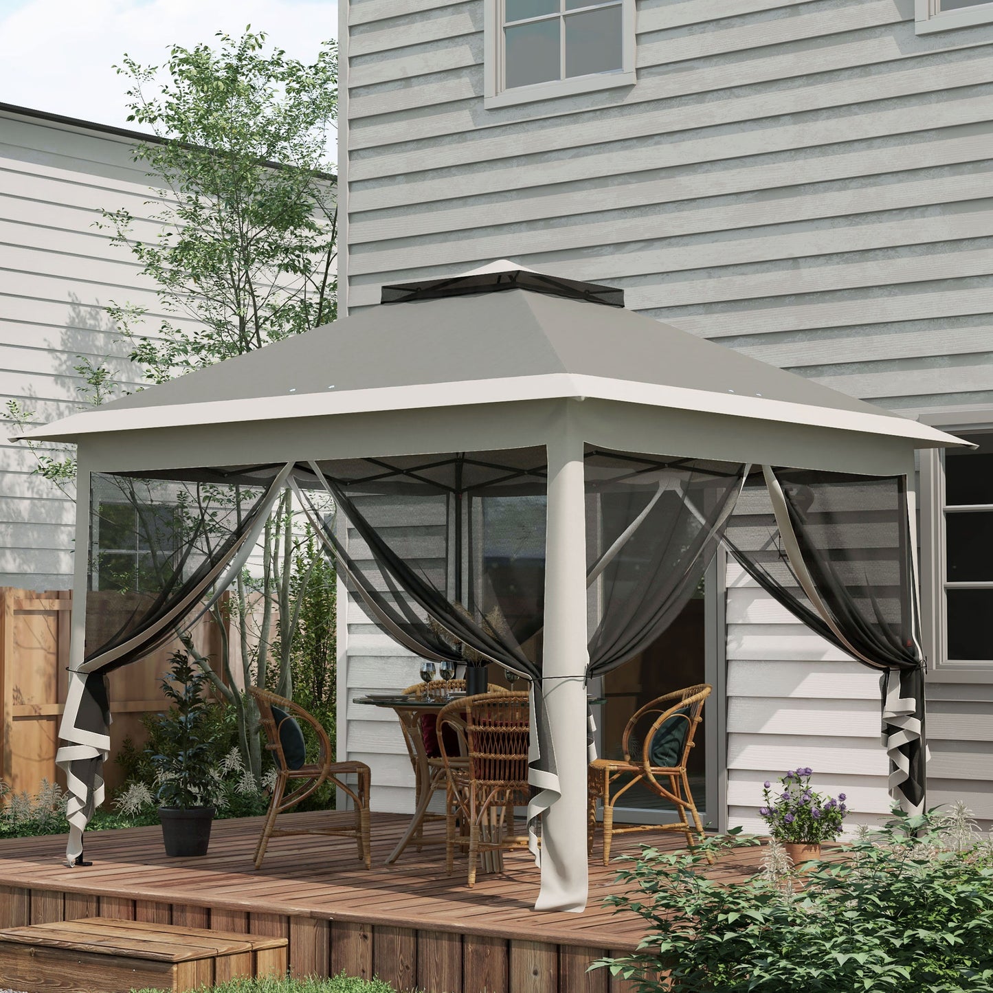 11' x 11' Pop Up Gazebo, Double Roof Foldable Height Adjustable Canopy Tent with Mesh Sidewalls, Carrying Bag, Dark Grey Pop Up Canopies Dark Grey at Gallery Canada