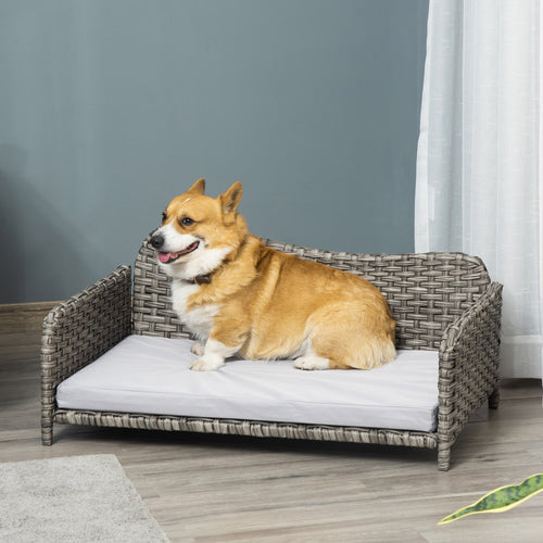 Rattan Pet Sofa for Large &; Medium Dogs, Indoor &; Outdoor Raised Wicker Dog Bed, Cat Couch, with Soft Washable Cushion, Light grey