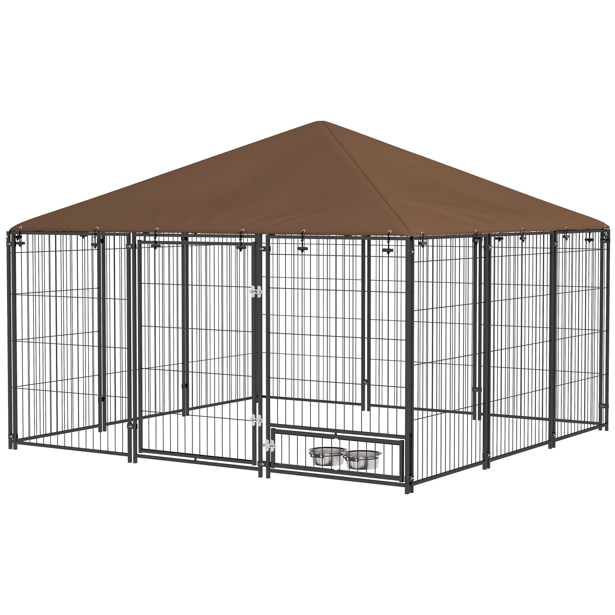 6.9' x 6.9' x 5' Outdoor Dog Kennel with Canopy, Rotating Bowls, Coffee Houses, Kennels & Pens Multi Colour  at Gallery Canada