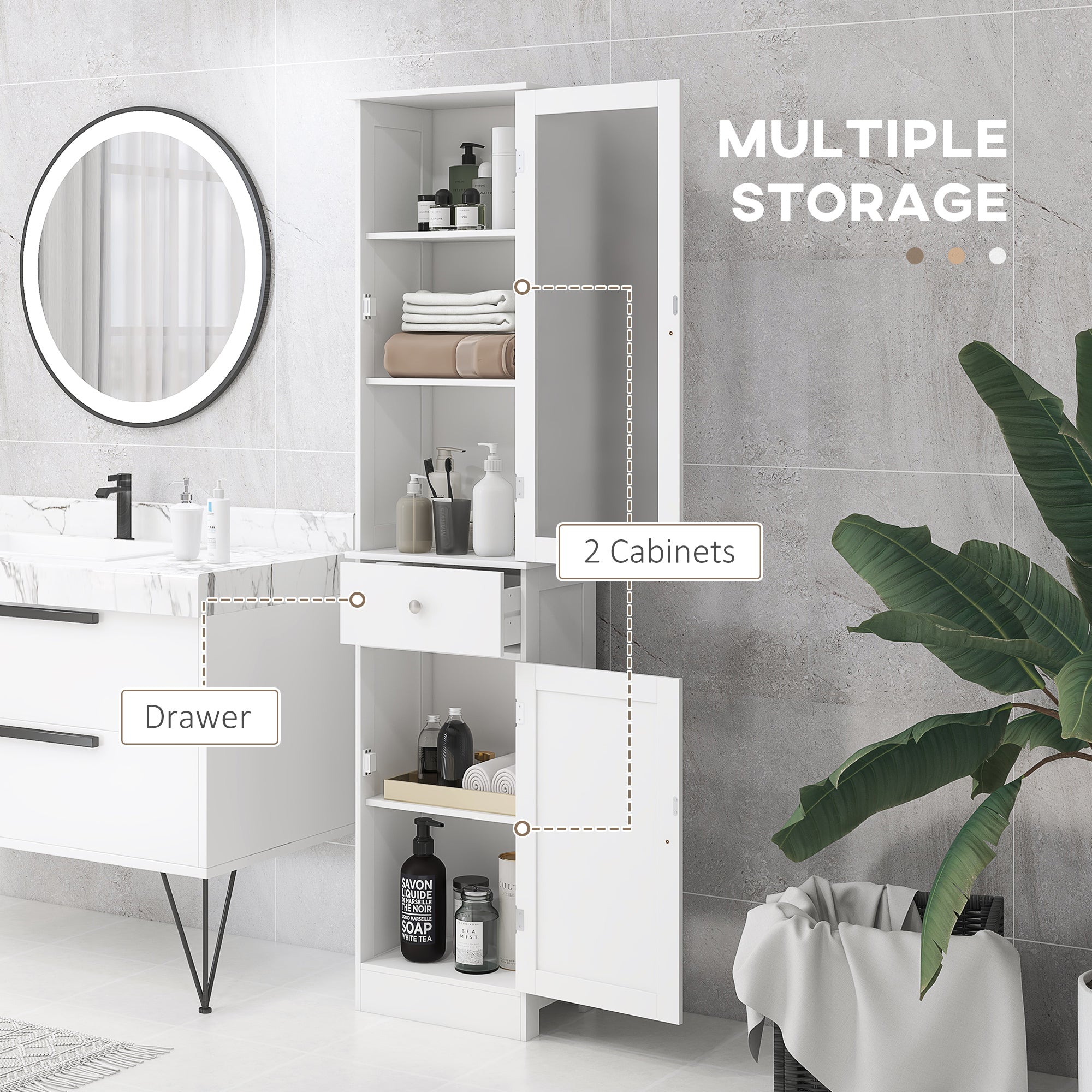 Tall Bathroom Cabinet, Bathroom Storage Cabinet with Drawers, 2 Doors and Adjustable Shelves, White Bathroom Cabinets at Gallery Canada