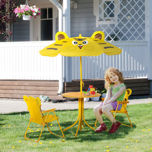 Kids Folding Picnic Table and Chair Set Pattern Outdoor Garden Patio Backyard with Removable &; Height Adjustable Sun Umbrella Yellow