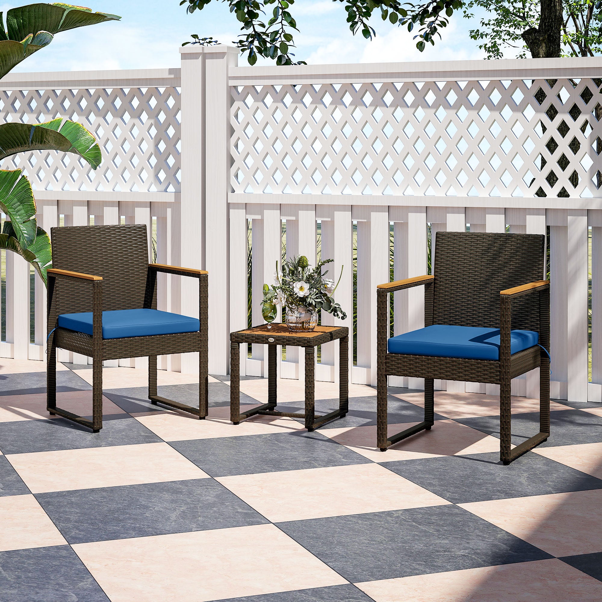 3 Pieces Wicker Patio Furniture Set, Rattan Bistro Set w/ Acacia Wood Table &; Removable Cushions, Dark Blue Bistro Sets at Gallery Canada