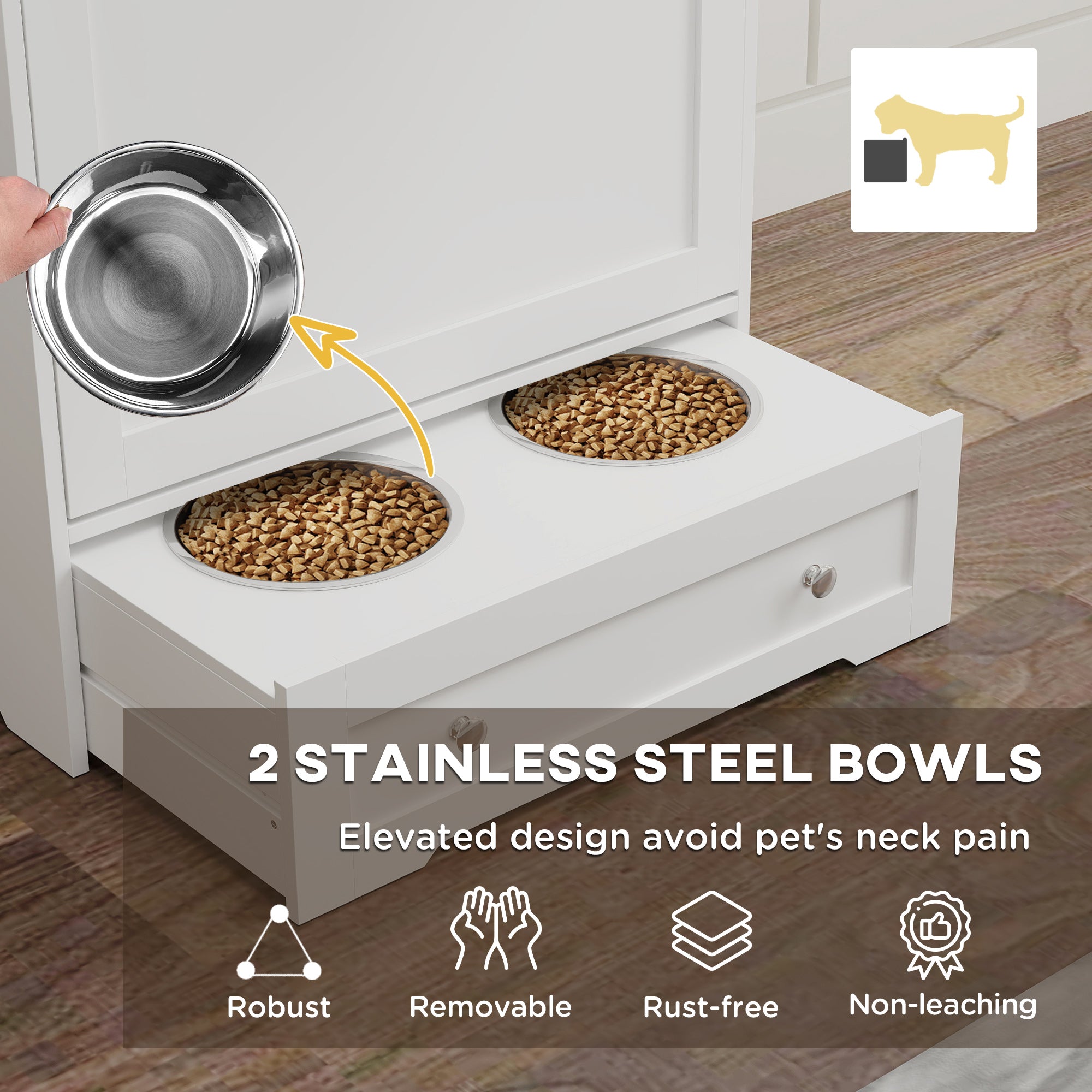 Dog Feeding Station with 2 Storage Cabinets, 2 Elevated Bowls, Side Hooks, Anti-tip Kit for Water and Feeding Supplies Dog Bowls at Gallery Canada