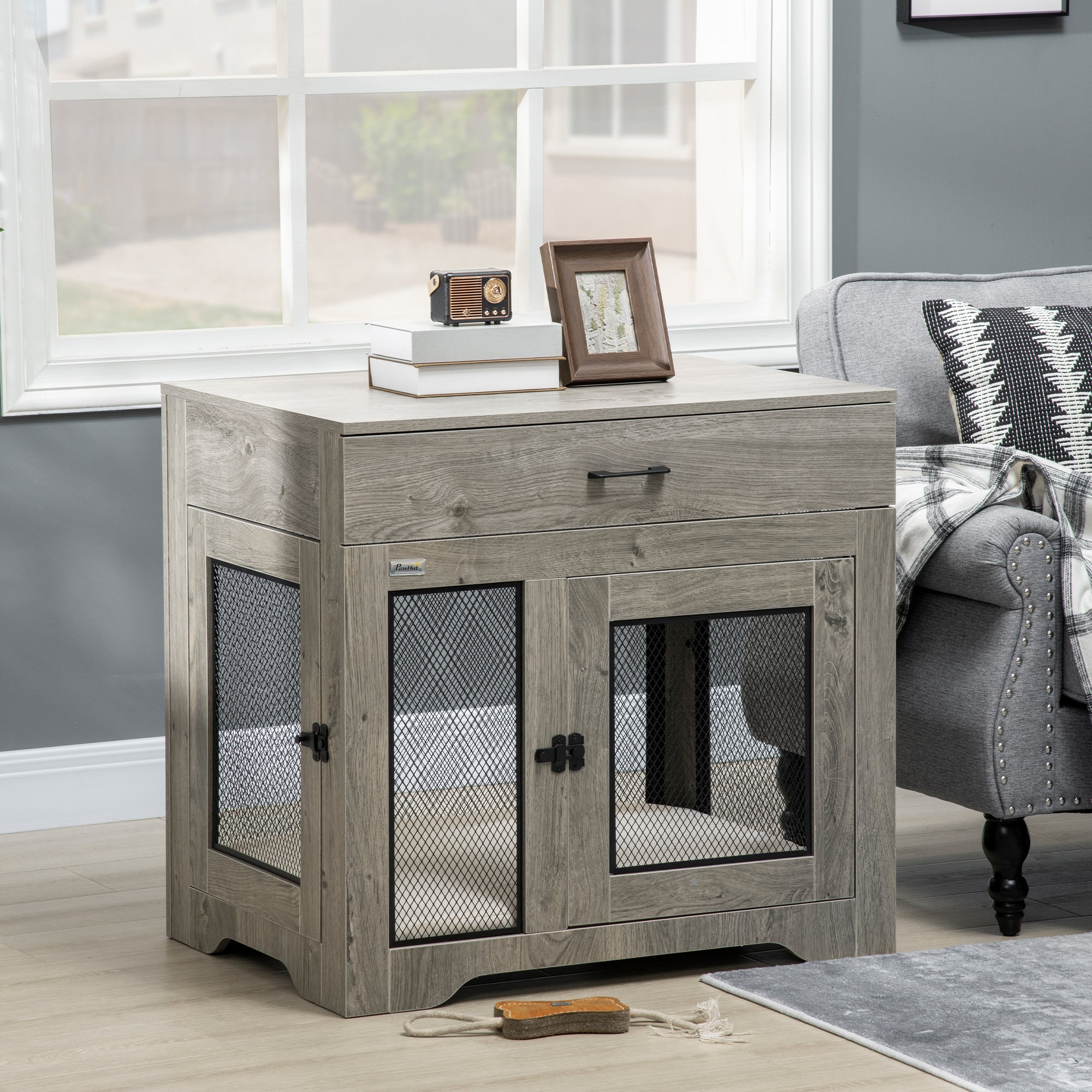 Dog Crate Furniture with Cushion, 2 Doors, Storage, Dog Kennel End Table for Small Medium Dogs, Grey Houses, Kennels & Pens at Gallery Canada