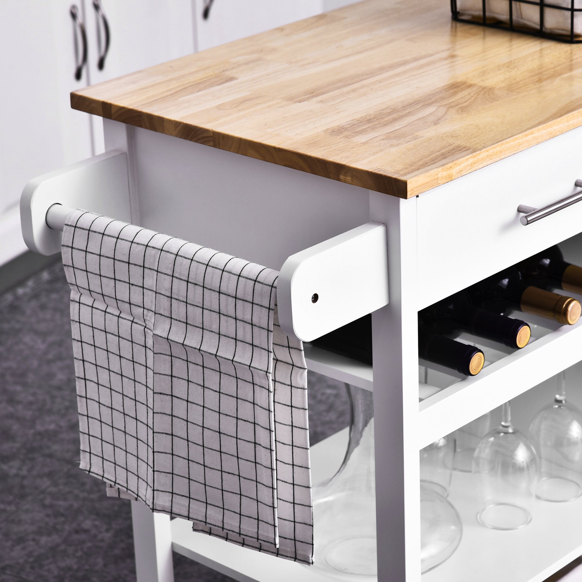 4-Tier Rolling Kitchen Island Cart with Butcher Block, Cabinet, Drawer, White Kitchen Islands & Kitchen Carts   at Gallery Canada