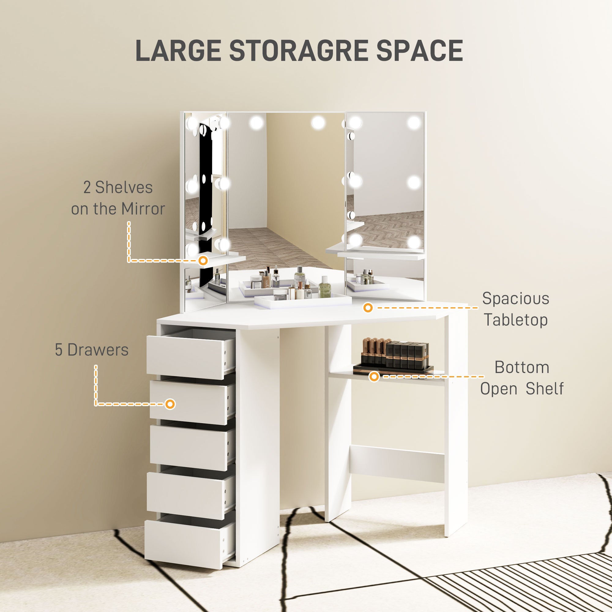 Makeup Vanity Desk with 3-Panel Mirror and 10 LED Lights, Dressing Table with 5 Drawers and Shelves for Bedroom, White Dressing & Vanity Tables at Gallery Canada