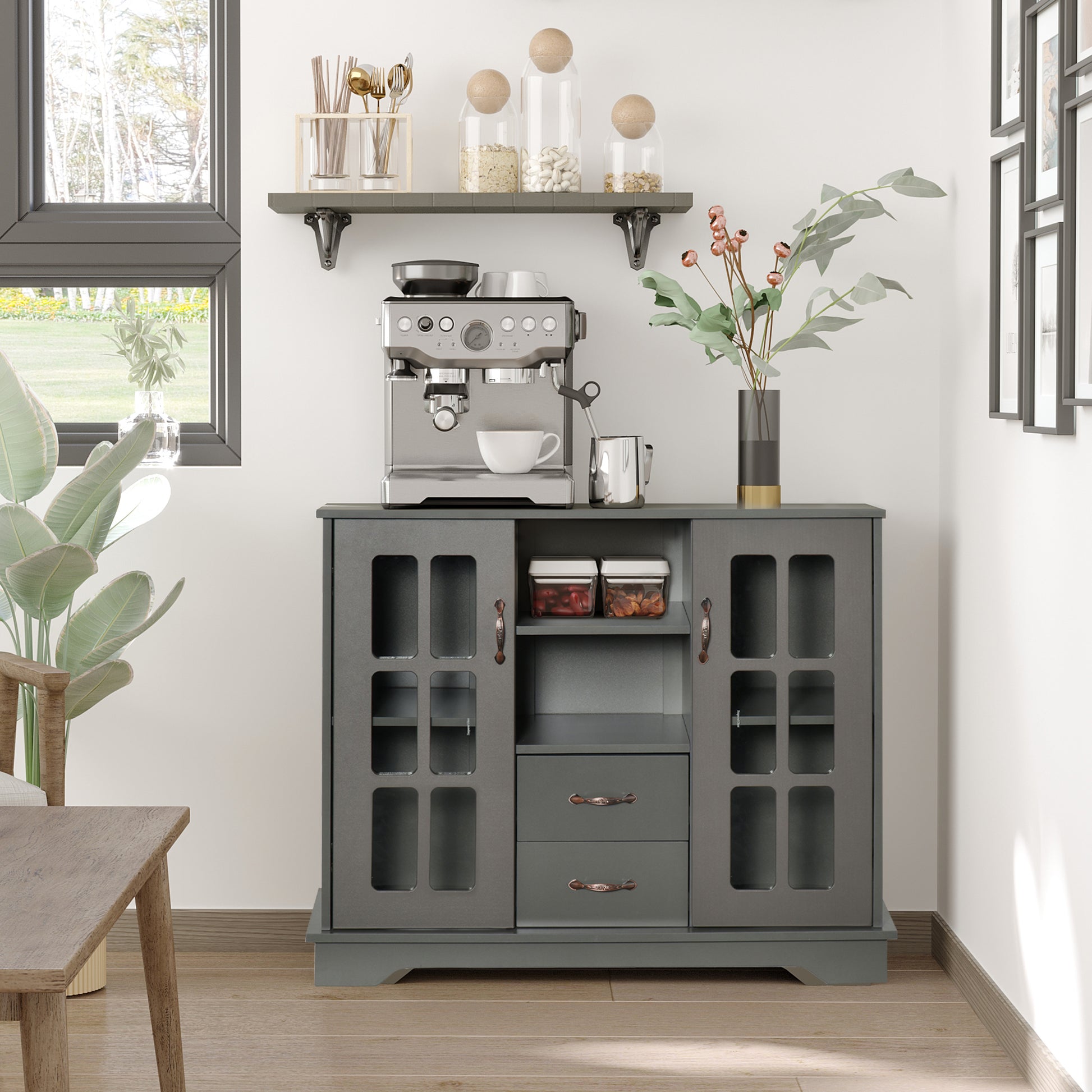 Modern Kitchen Sideboard with 2 Drawers, Coffee Bar Cabinet with Glass Doors Storage Cupboard and Open Shelf, Grey Kitchen Pantry Cabinets Grey  at Gallery Canada