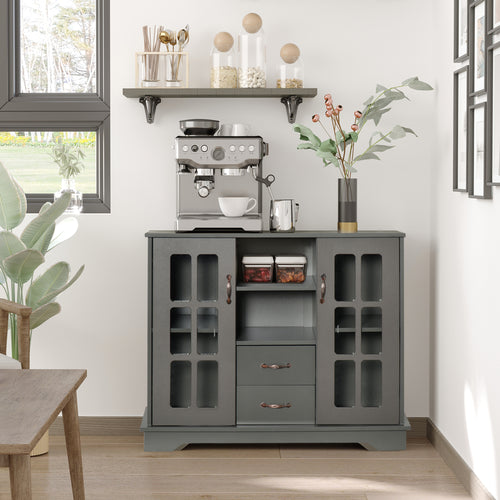 Modern Kitchen Sideboard with 2 Drawers, Coffee Bar Cabinet with Glass Doors Storage Cupboard and Open Shelf, Grey