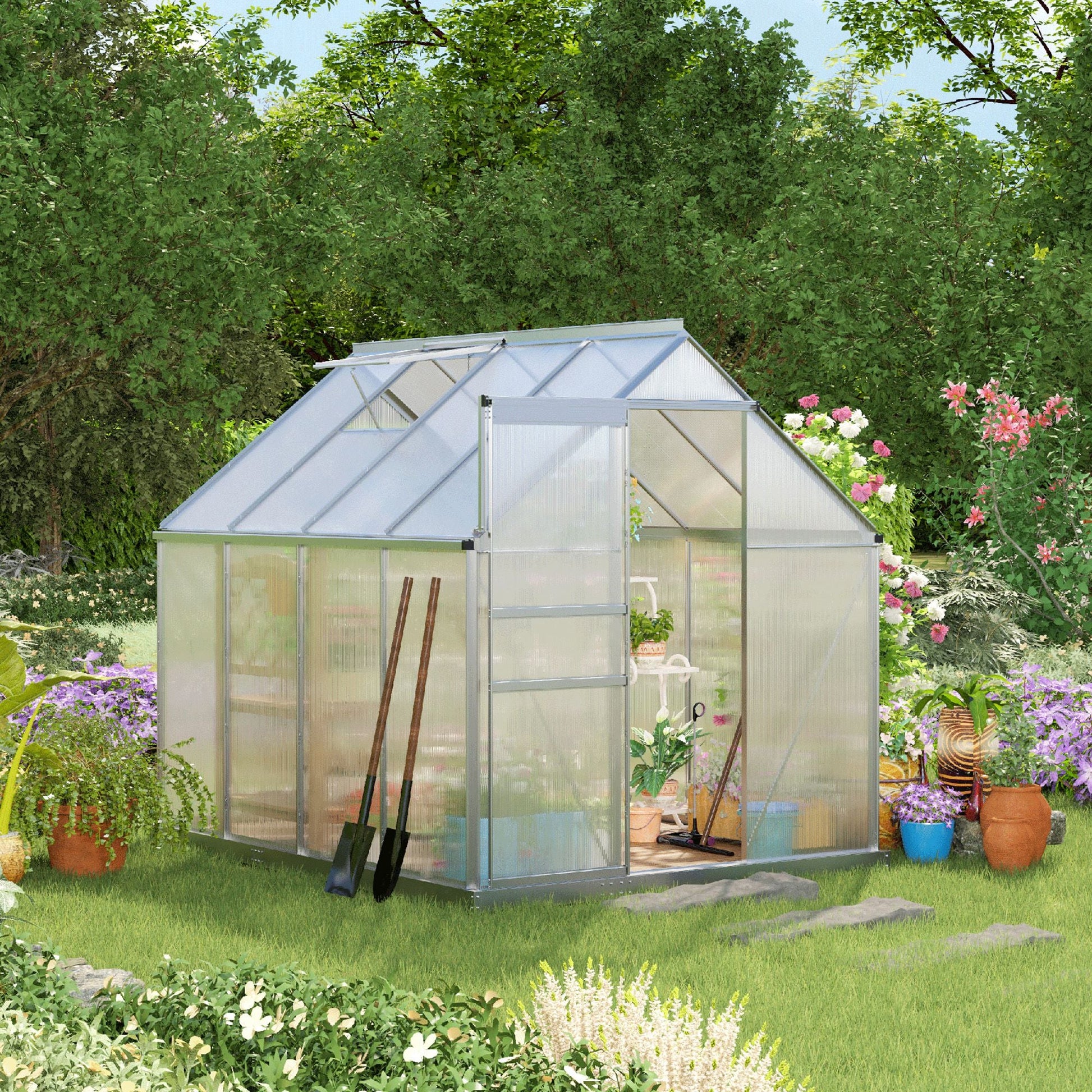 6' x 8' x 6.5' Walk-in Greenhouse, Polycarbonate Greenhouse with Adjustable Roof Vent, Base, Sliding Door, Clear Walk In Greenhouses   at Gallery Canada