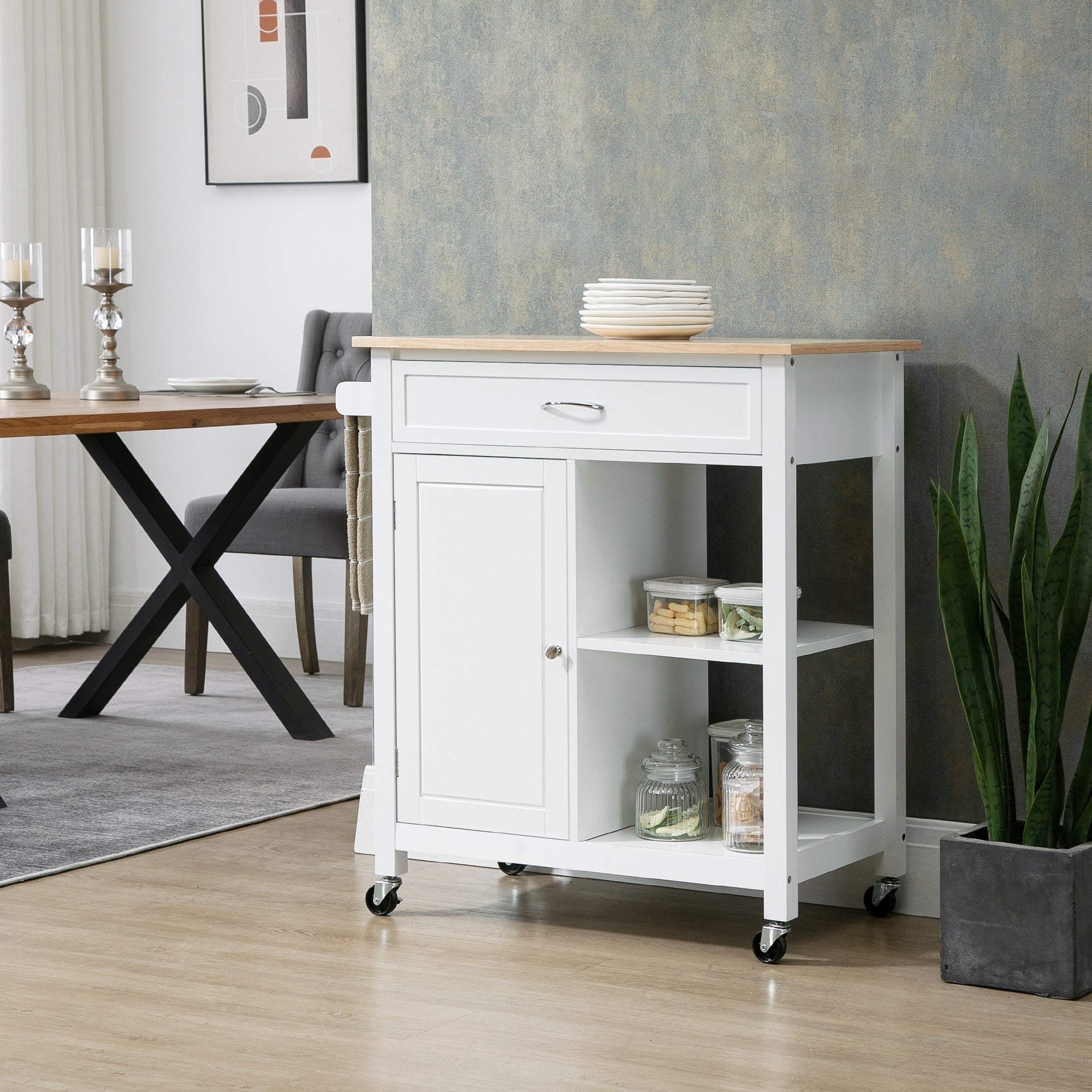 Rolling Kitchen Cart with Wood Top and Drawer, Kitchen Island on Wheels for Dining Room, White Kitchen Islands & Kitchen Carts   at Gallery Canada