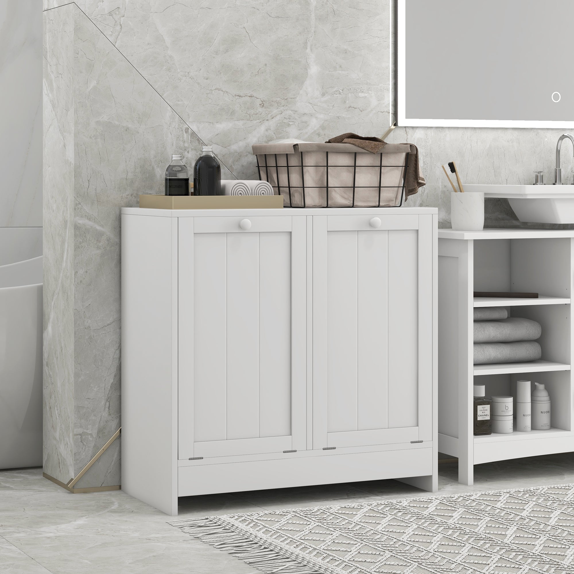 Tilt-Out Laundry Storage Cabinet, Modern Laundry Hamper with 2 Compartments for Bathroom Washroom, White Bathroom Cabinets   at Gallery Canada