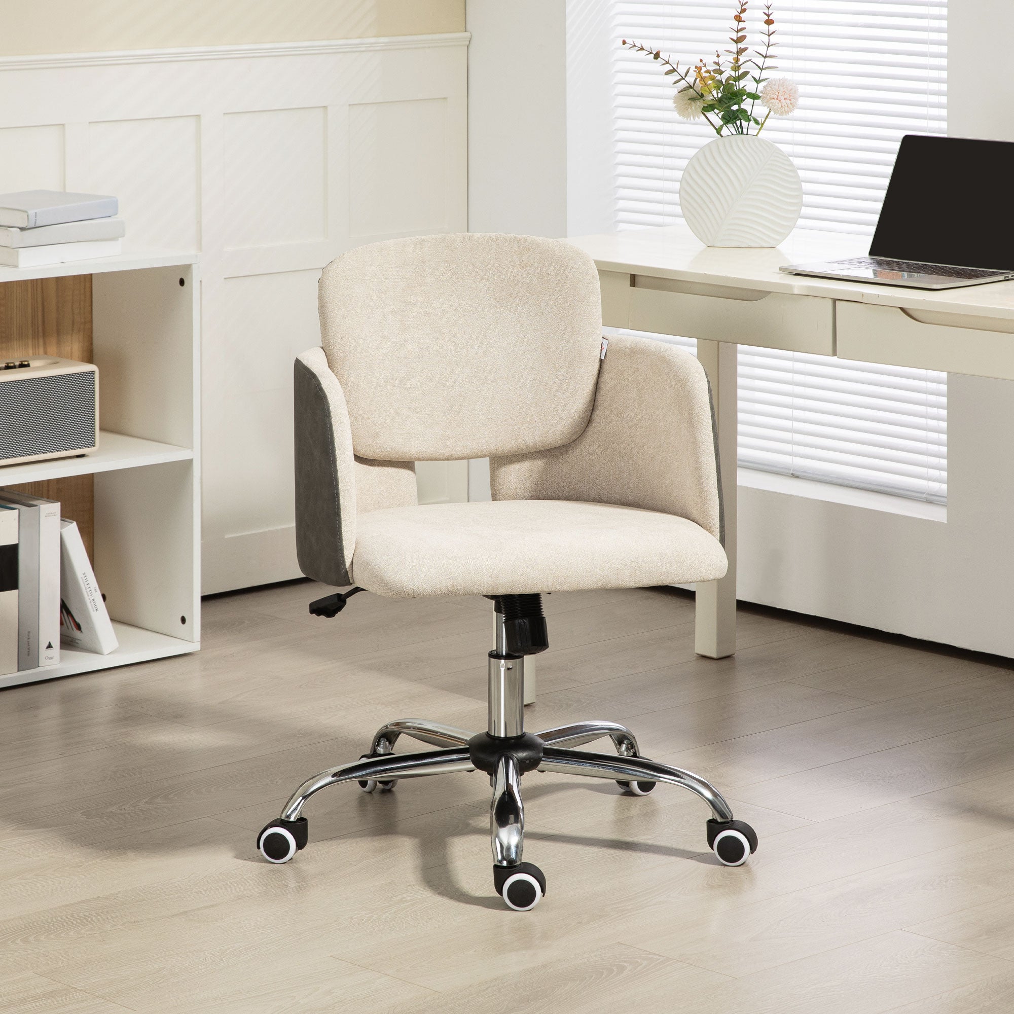 Small Desk Chair, Height Adjustable Fabric Office Chair with Swivel Wheels, Tilt Function, Computer Chair, Cream White Task Chairs at Gallery Canada