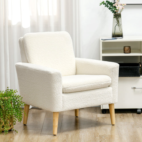 Fabric Accent Chair, Modern Upholstered Armchair with Wood Legs and Wide Padded Seat, Cream White