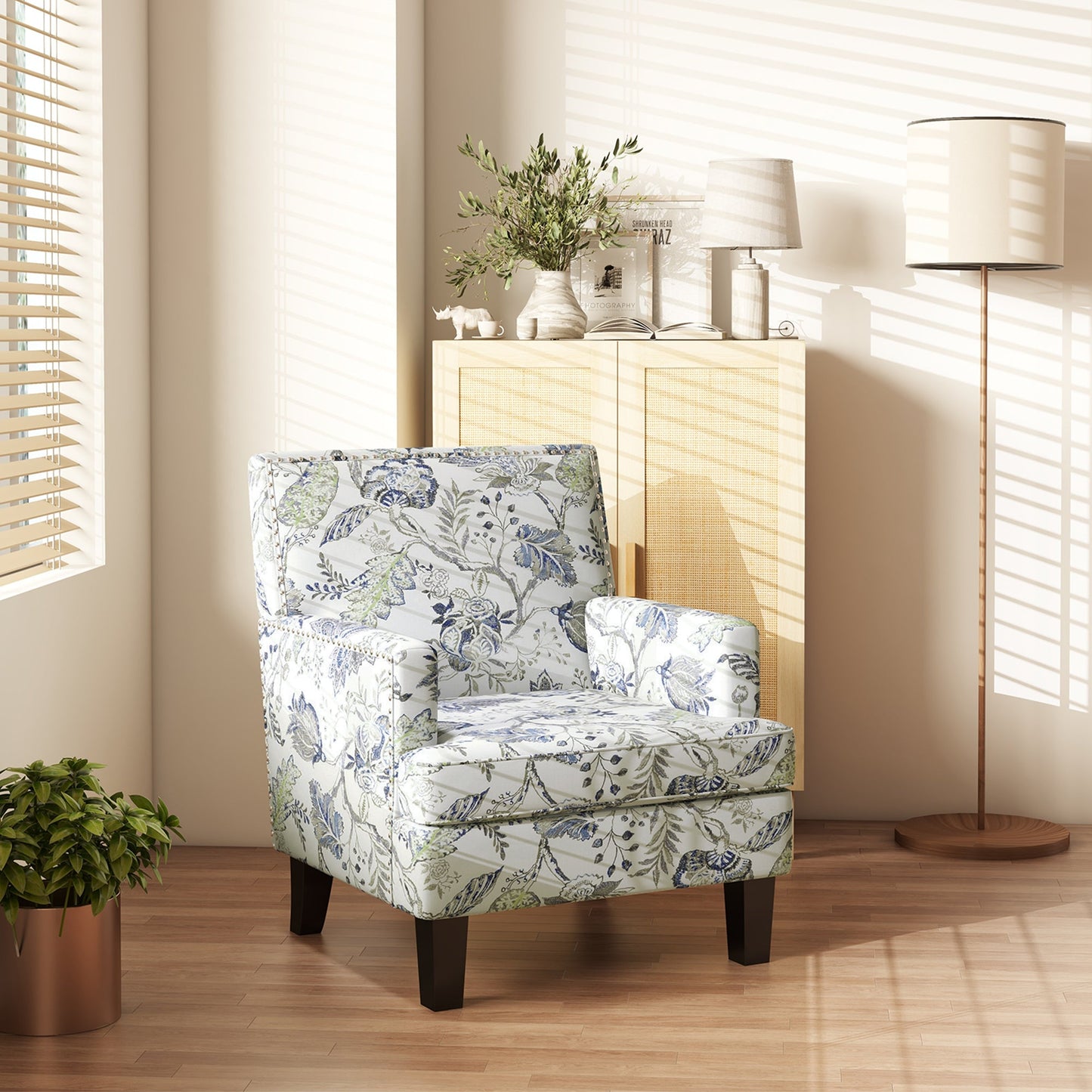 Upholstered Armchair, Mid-Century Accent Chair with Floral Pattern, Nailhead Trim for Living Room, Bedroom, Multicolour Accent Chairs   at Gallery Canada