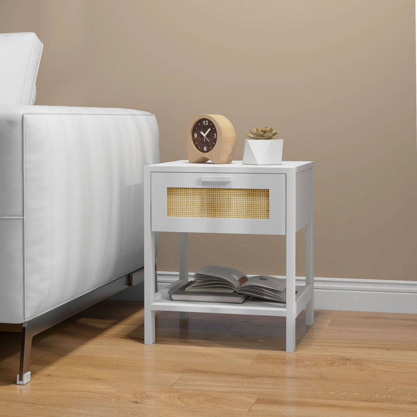 Modern Bedside Table, Accent Nightstand with Drawer and Open Shelf, Bed End Table for Bedroom, Living Room, White Bedside Tables   at Gallery Canada