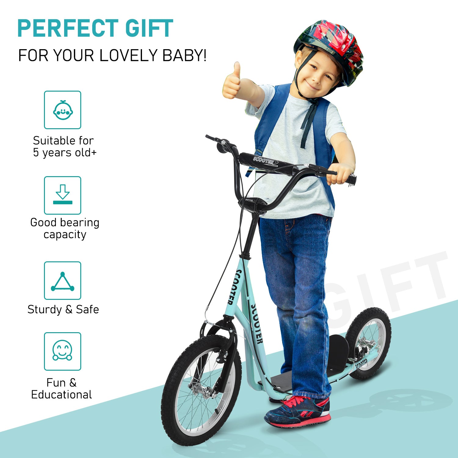 Youth Kick Scooter with Adjustable Handlebar and 16'' Inflatable Rubber Wheel for Kids and Teens 5+ Year Old, Blue Scooters at Gallery Canada