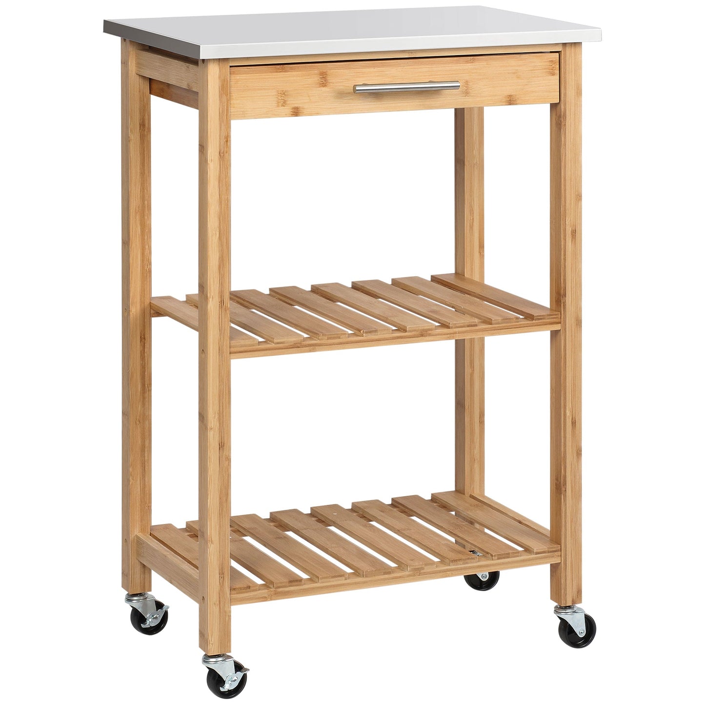 Bamboo Kitchen Cart, Kitchen Island with Stainless Steel Top, Drawer and Slatted Shelves for Dining Room, Natural Kitchen Islands & Kitchen Carts Natural  at Gallery Canada