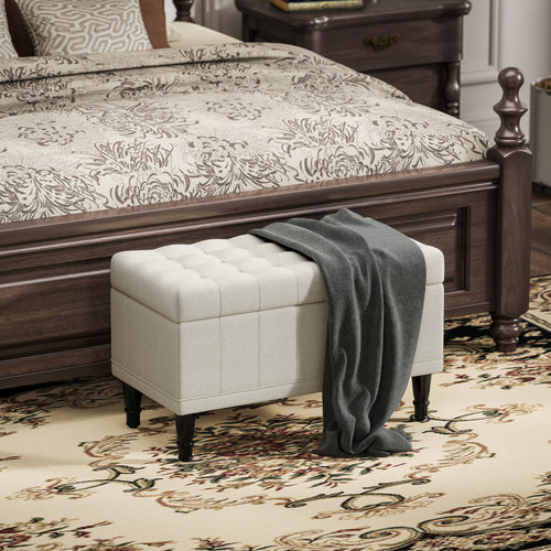 Storage Ottoman, Linen Fabric End of Bed Bench with Button Tufted Storage Bench for Bedroom, Beige